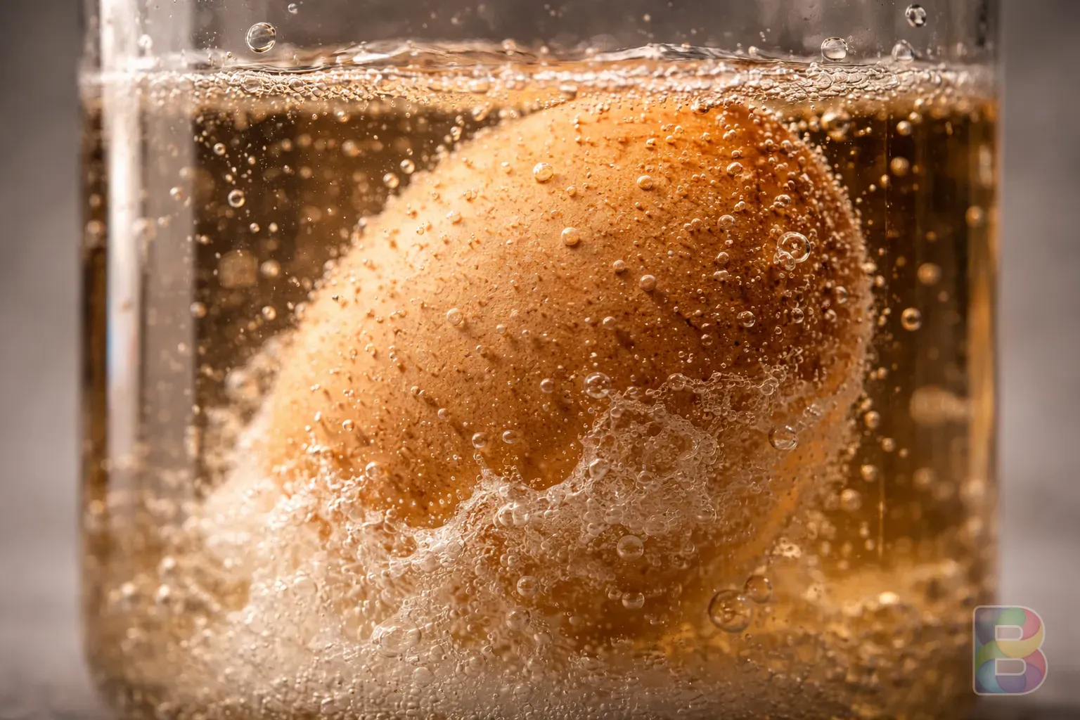 photorealistic, macro shot of an eggshell dissolving in vinegar, capturing the texture and effervescence, clinical but artistic, high detail, neutral background