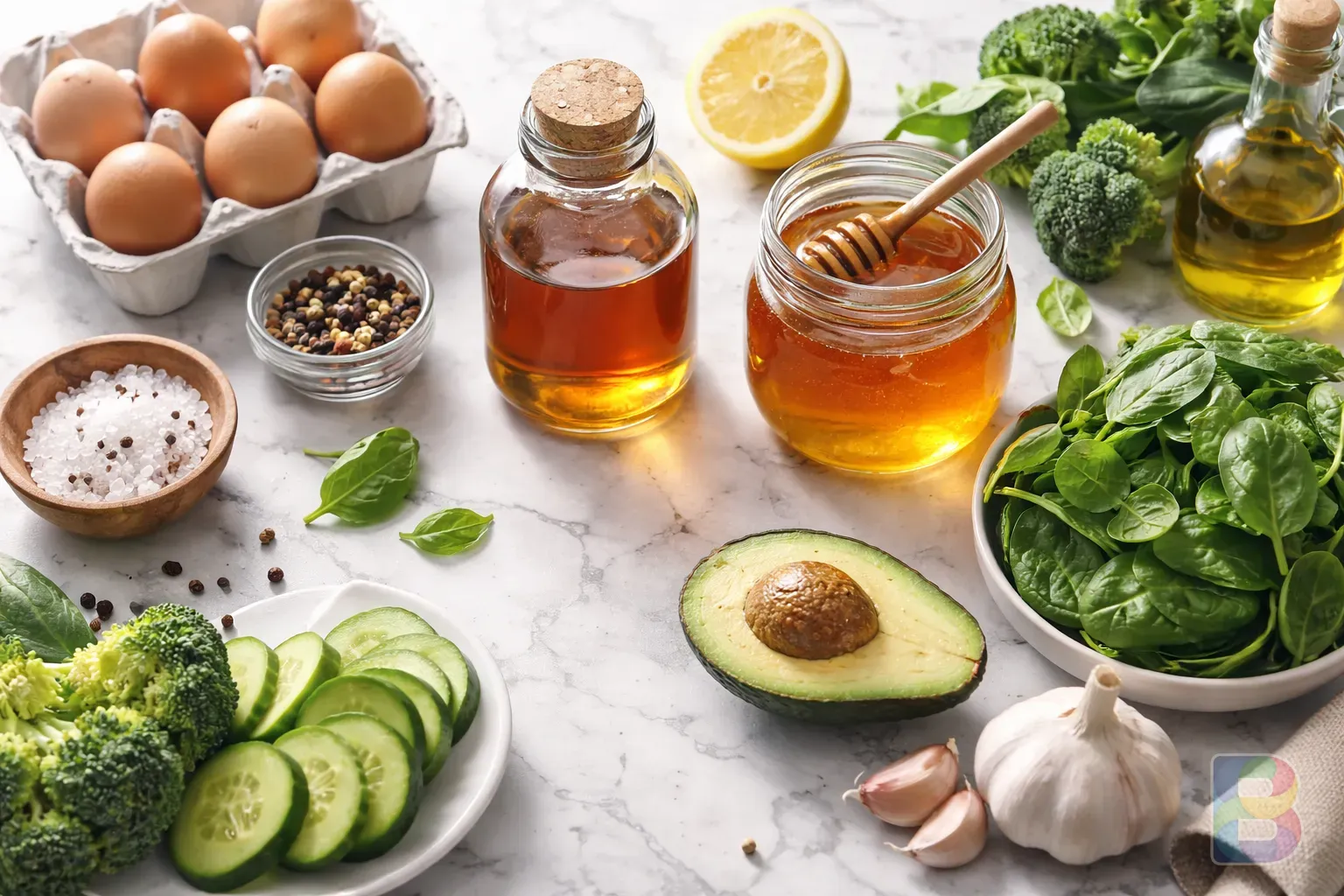 photorealistic, flat lay of healthy ingredients like eggs, vinegar, honey, and green vegetables on a marble countertop, bright airy atmosphere, high-end lifestyle mood