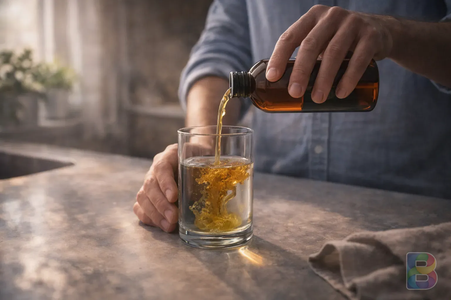 photorealistic, a person pouring a small amount of diluted choran into a clear glass, focus on the liquid movement, kitchen background, morning soft light