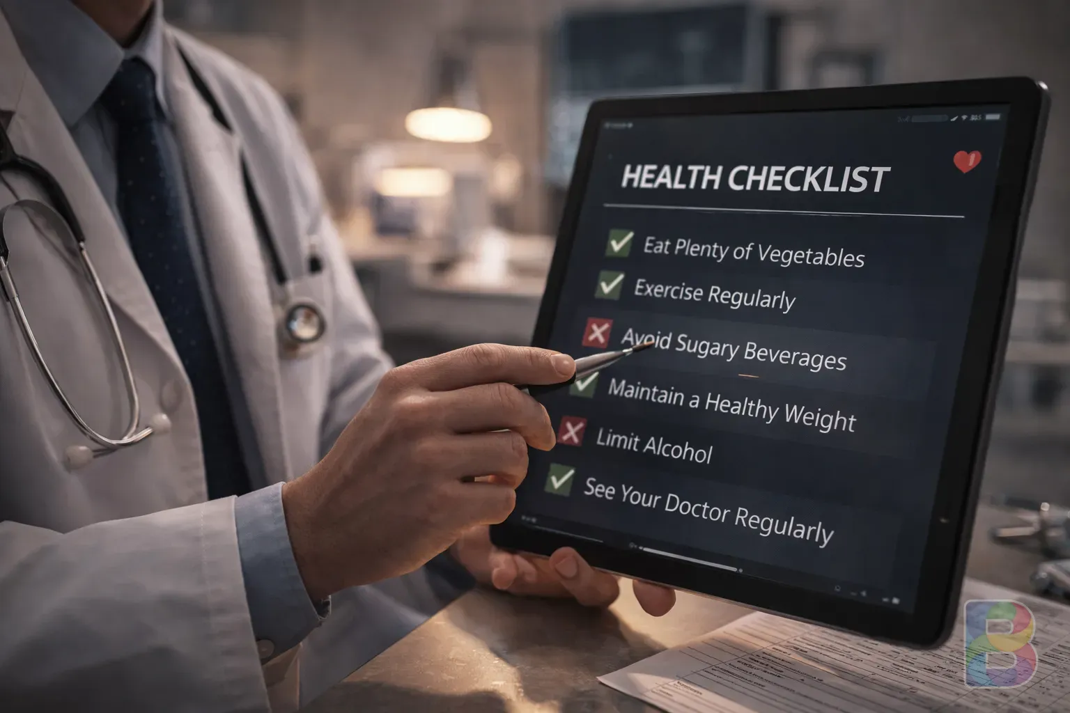 photorealistic, a doctor pointing at a health checklist on a tablet, modern medical office, professional and reassuring environment