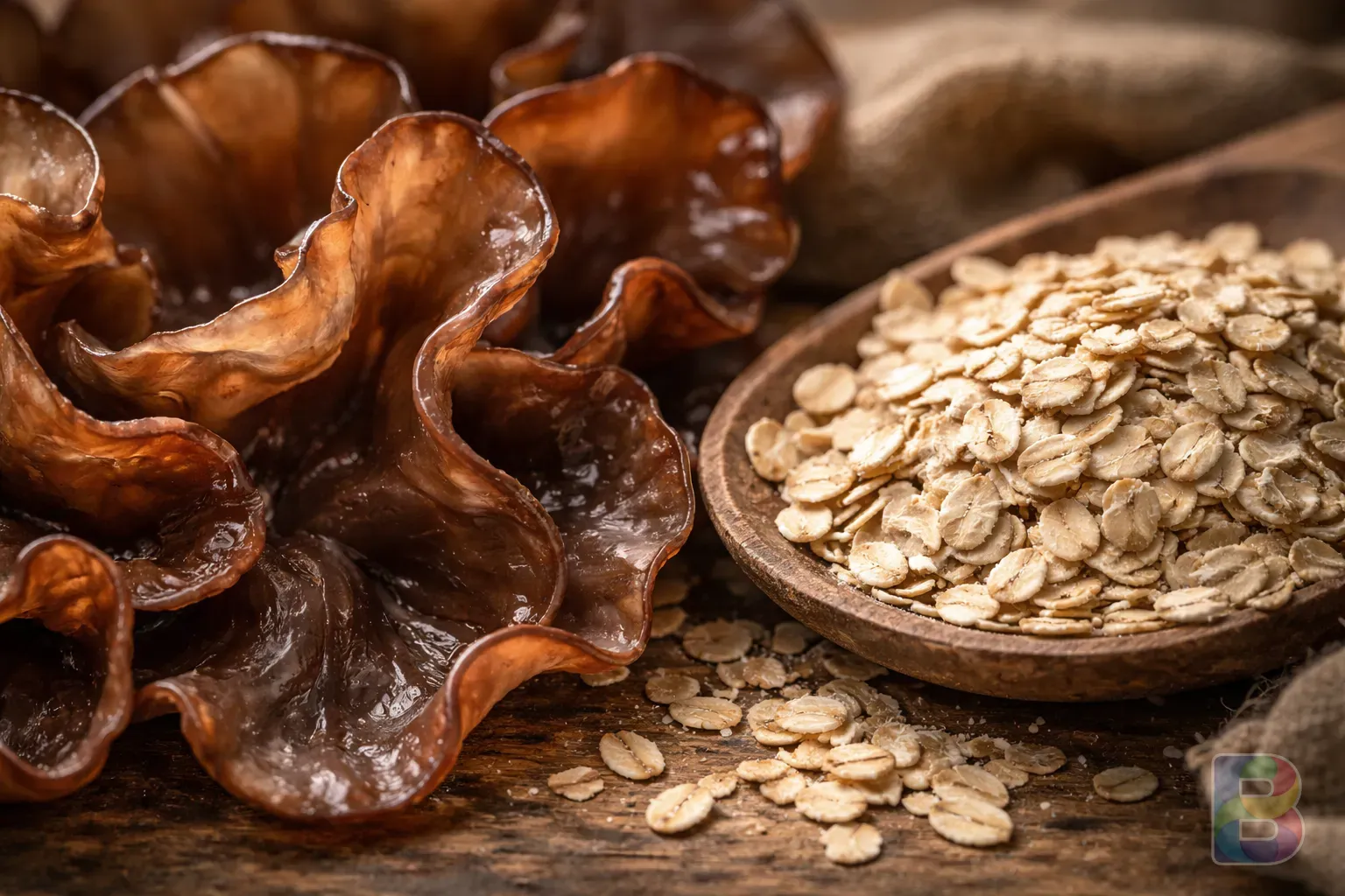 photorealistic, macro shot of woodear mushroom textures and oat grains, highlighting the organic structure, soft studio lighting, clean and professional look
