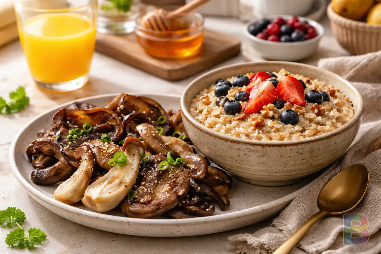 photorealistic, lifestyle shot of a healthy breakfast with oatmeal and a side of steamed mushrooms, bright and airy kitchen setting, cinematic lighting, vibrant colors