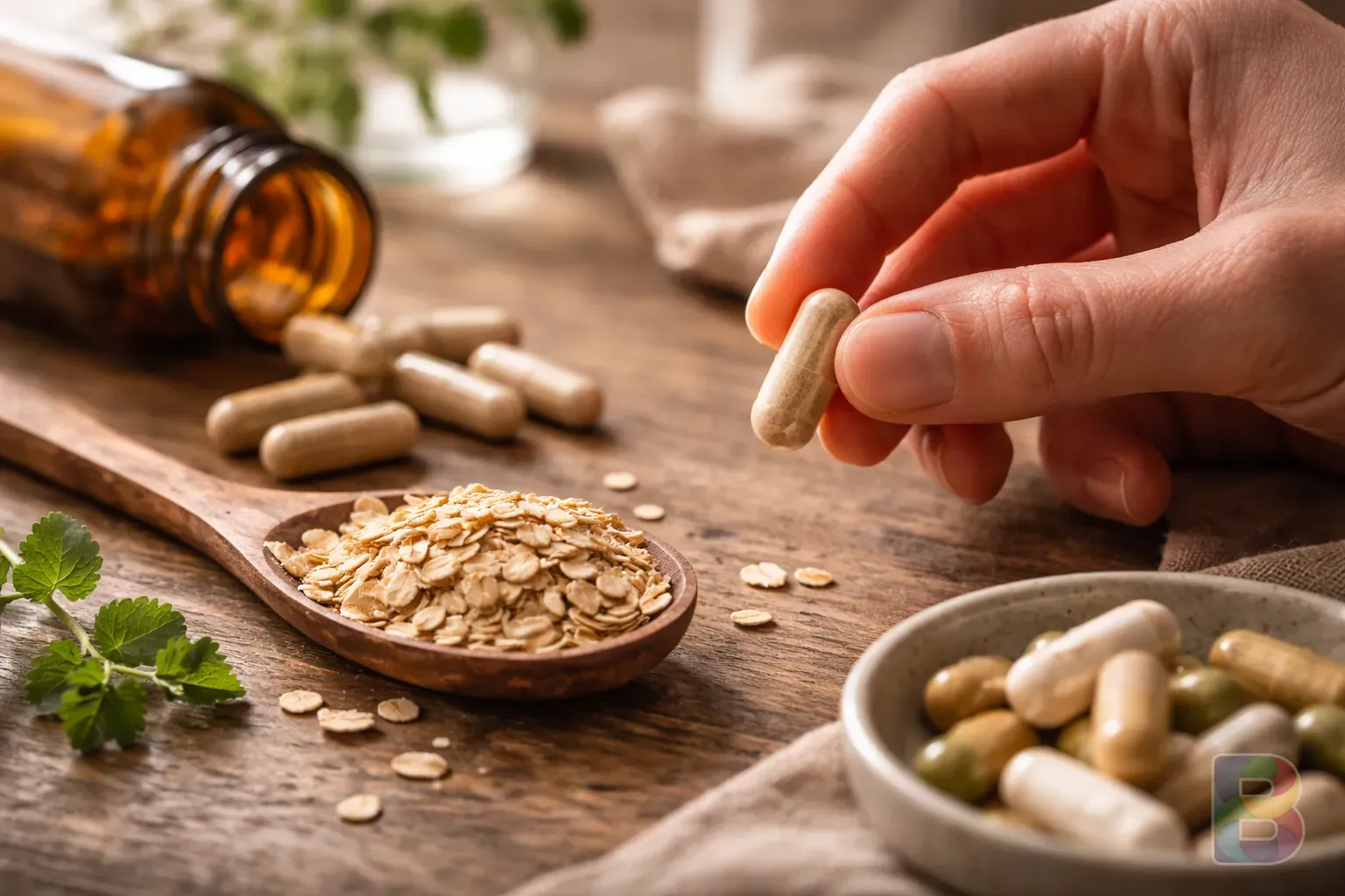 photorealistic, a person's hand picking up a supplement capsule next to a wooden spoon of oats, soft focus background, clean lifestyle photography