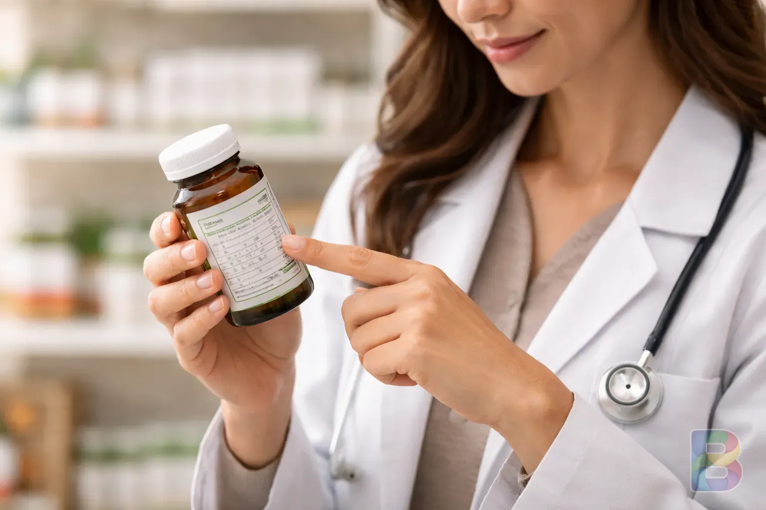 photorealistic, focused pharmacist or nutritionist pointing at a label on a bottle, blurred background of a pharmacy shelf, professional and clean lighting