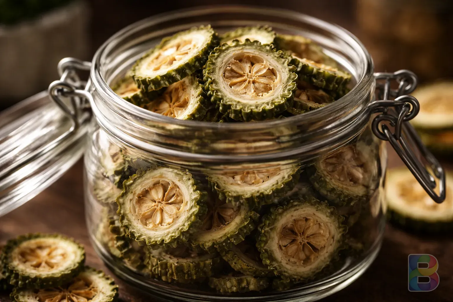 photorealistic, detail shot of dried bitter melon slices in a glass jar, warm soft background, cinematic lighting, high resolution