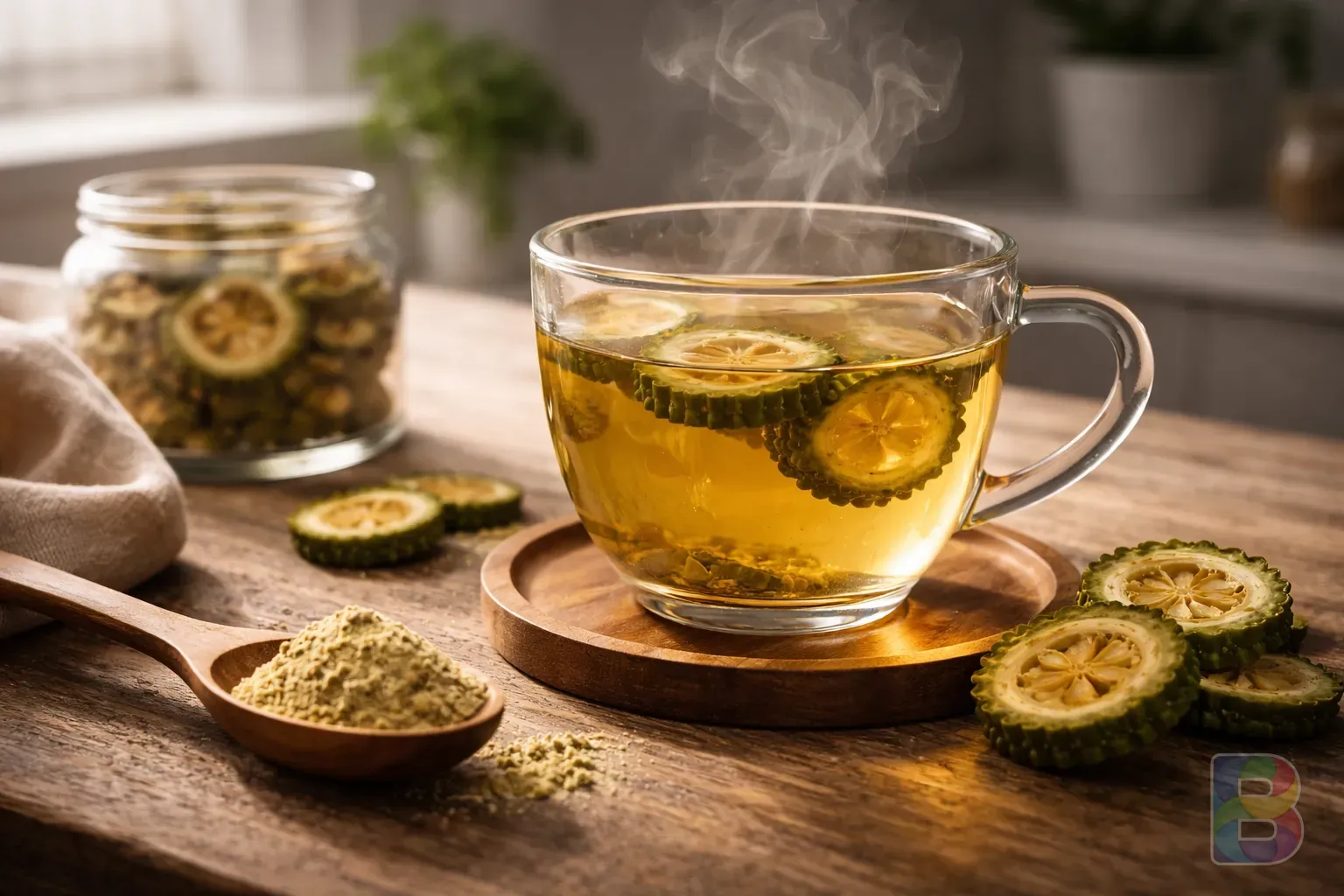 photorealistic, a steaming cup of bitter melon tea next to a wooden spoon with powder, minimalist kitchen setting, soft natural light, cinematic vibe