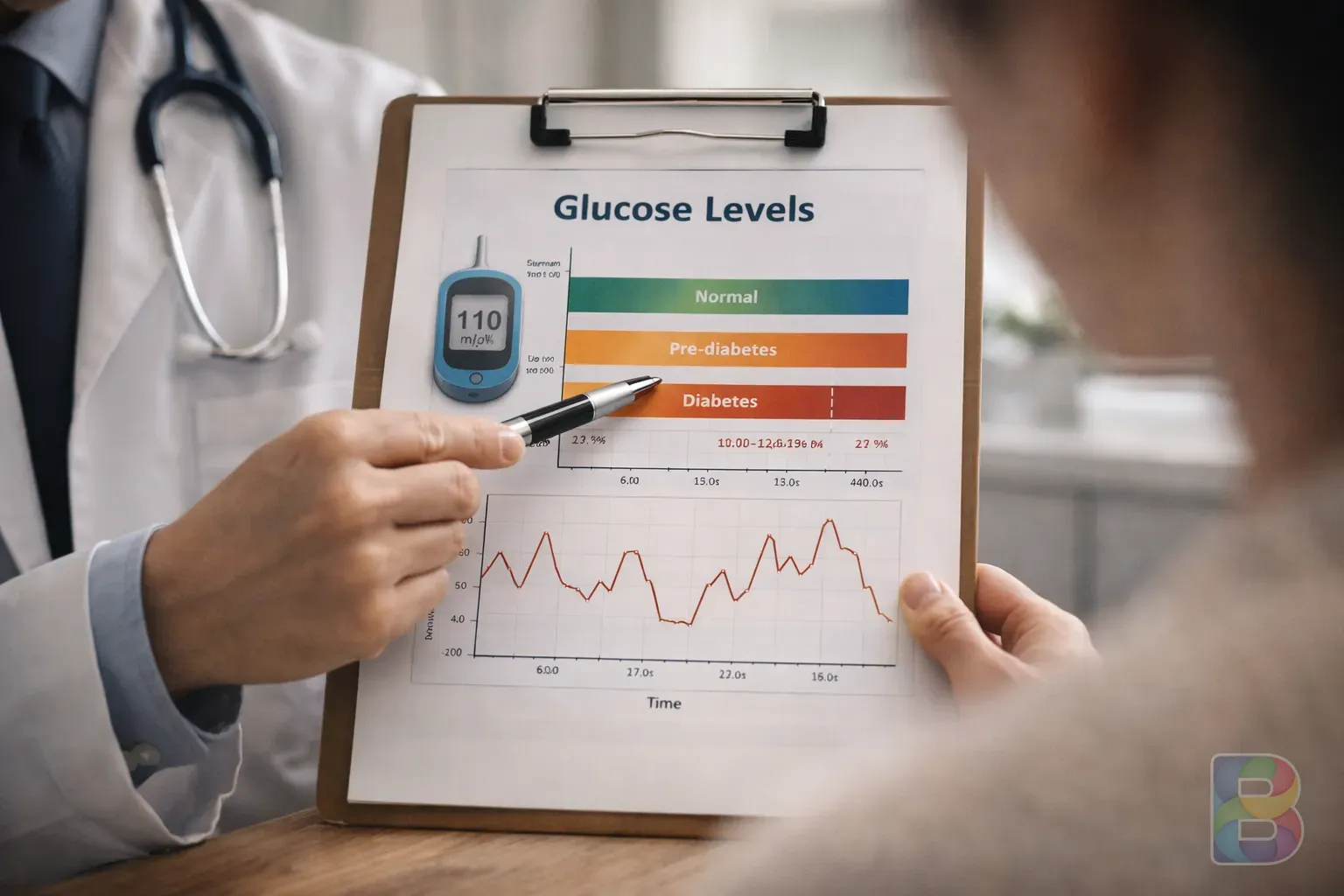 photorealistic, doctor pointing at a medical chart showing glucose levels, professional clinic setting, clear communication, trustworthy atmosphere