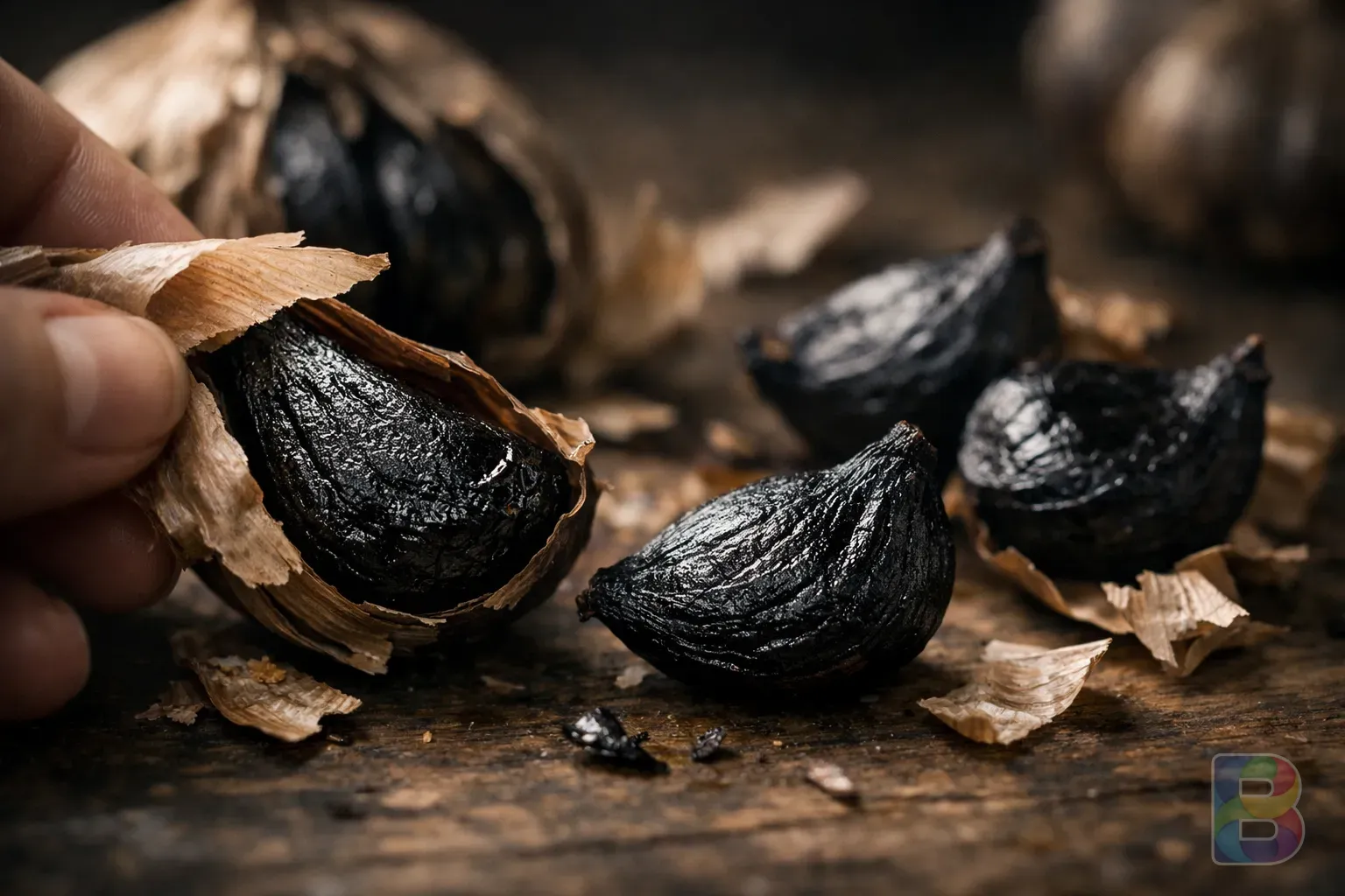 photorealistic, macro shot of black garlic cloves being peeled, revealing the dark balsamic-like texture, soft focused background, professional food photography