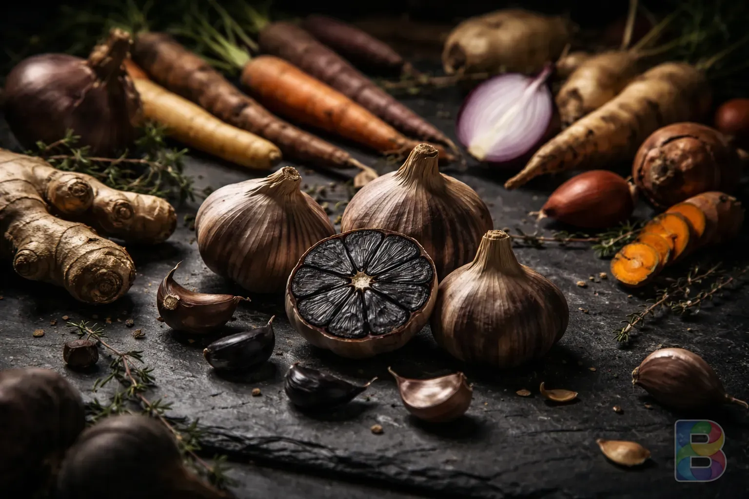 photorealistic, dark moody aesthetic, black garlic and various healthy root vegetables on a slate background, cinematic lighting, high detail