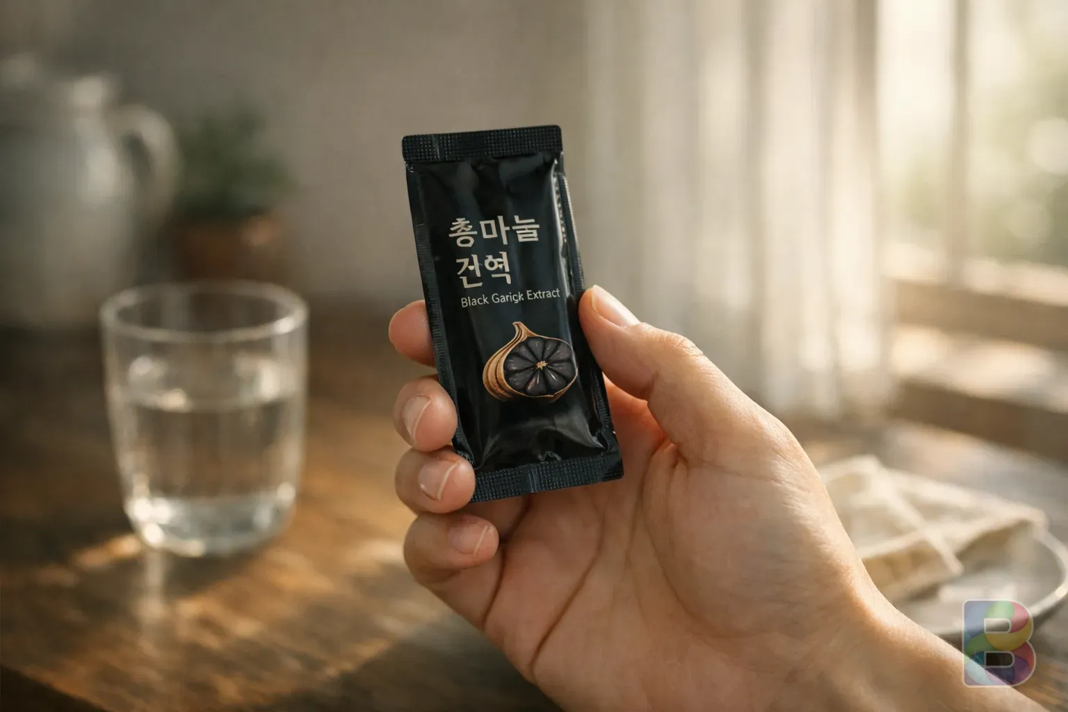 photorealistic, close-up of a person's hand holding a small packet of black garlic extract, natural morning light from a window, clean lifestyle vibe