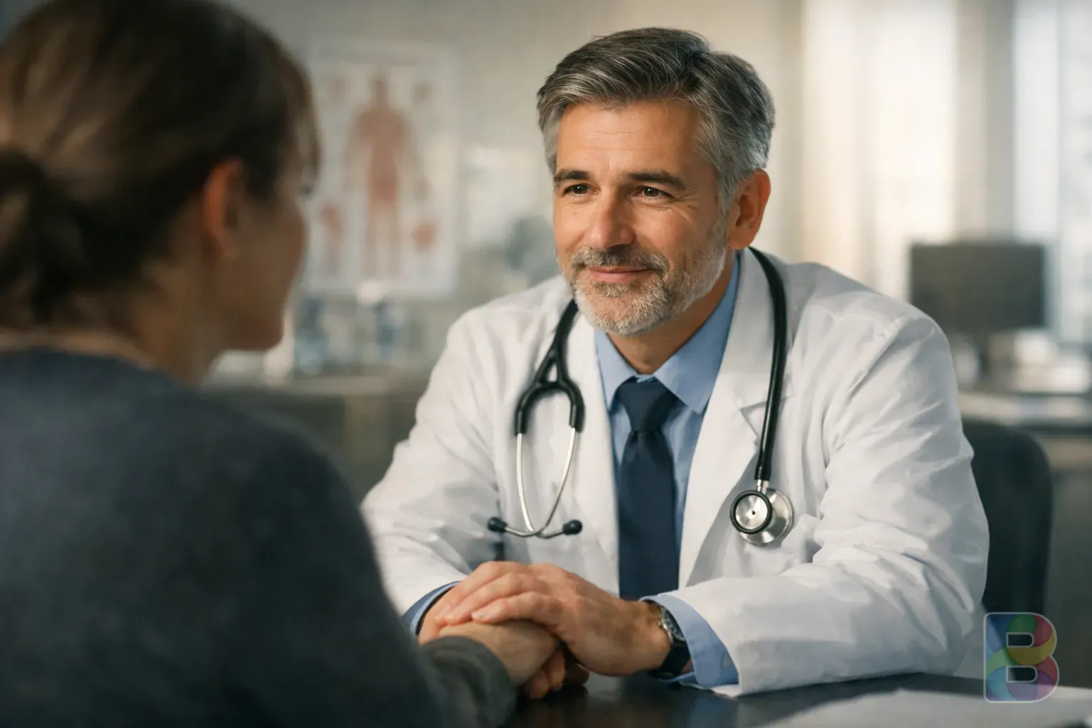 photorealistic, doctor consulting a patient in a bright office, focus on the doctor's reassuring expression, medical background blur, cinematic lighting