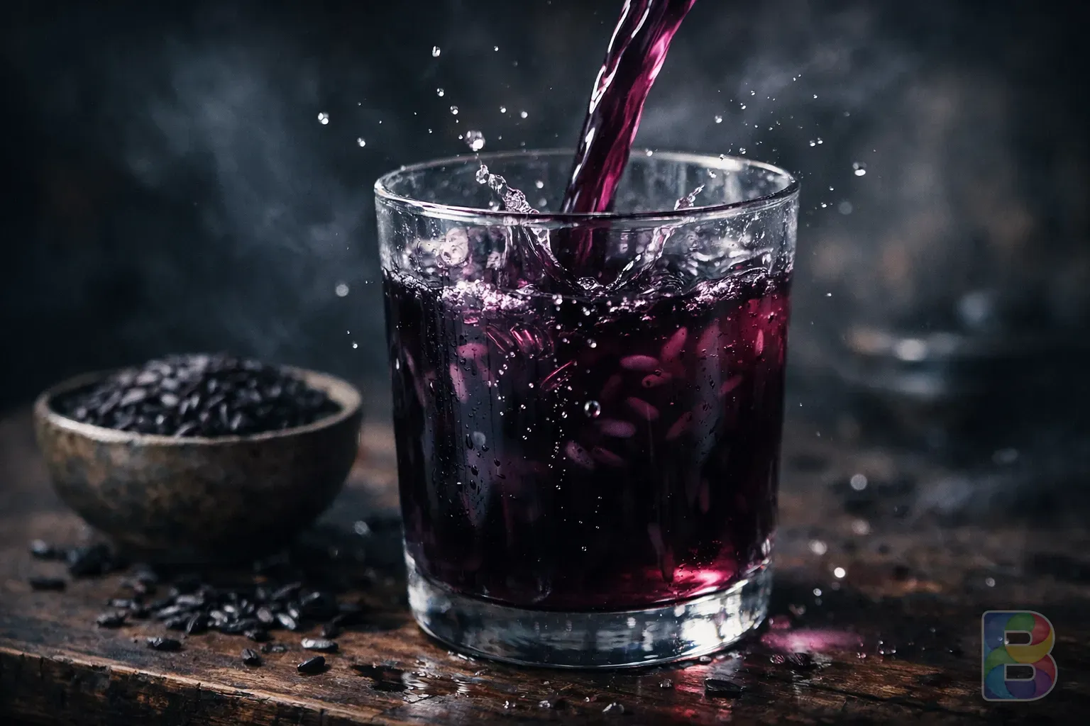 photorealistic, detail shot of deep purple black rice water being poured into a clear glass, mystical moody lighting, splashing water droplets, cinematic