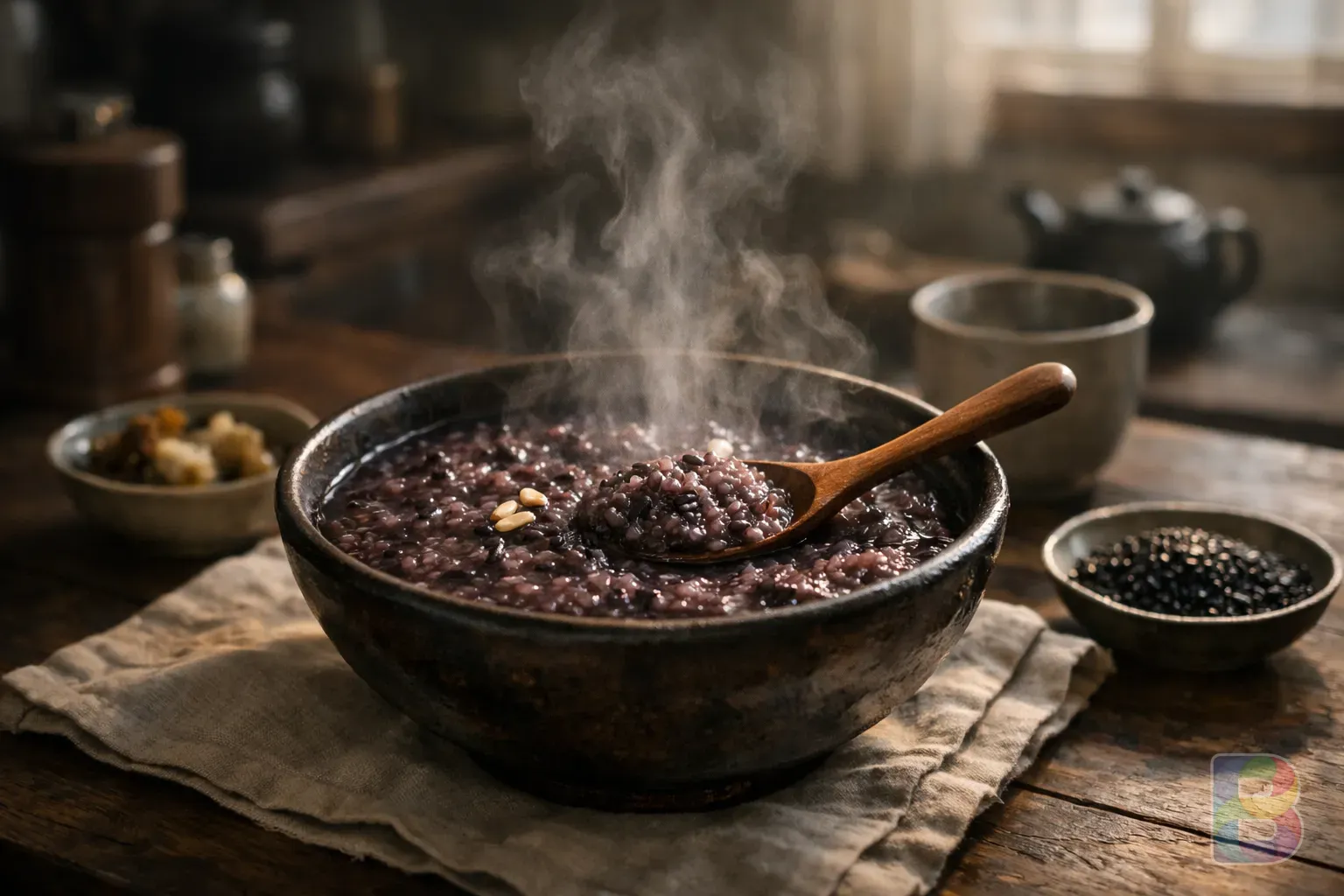 photorealistic, steaming bowl of black rice porridge with a wooden spoon, soft natural morning light, cozy kitchen atmosphere, cinematic lighting
