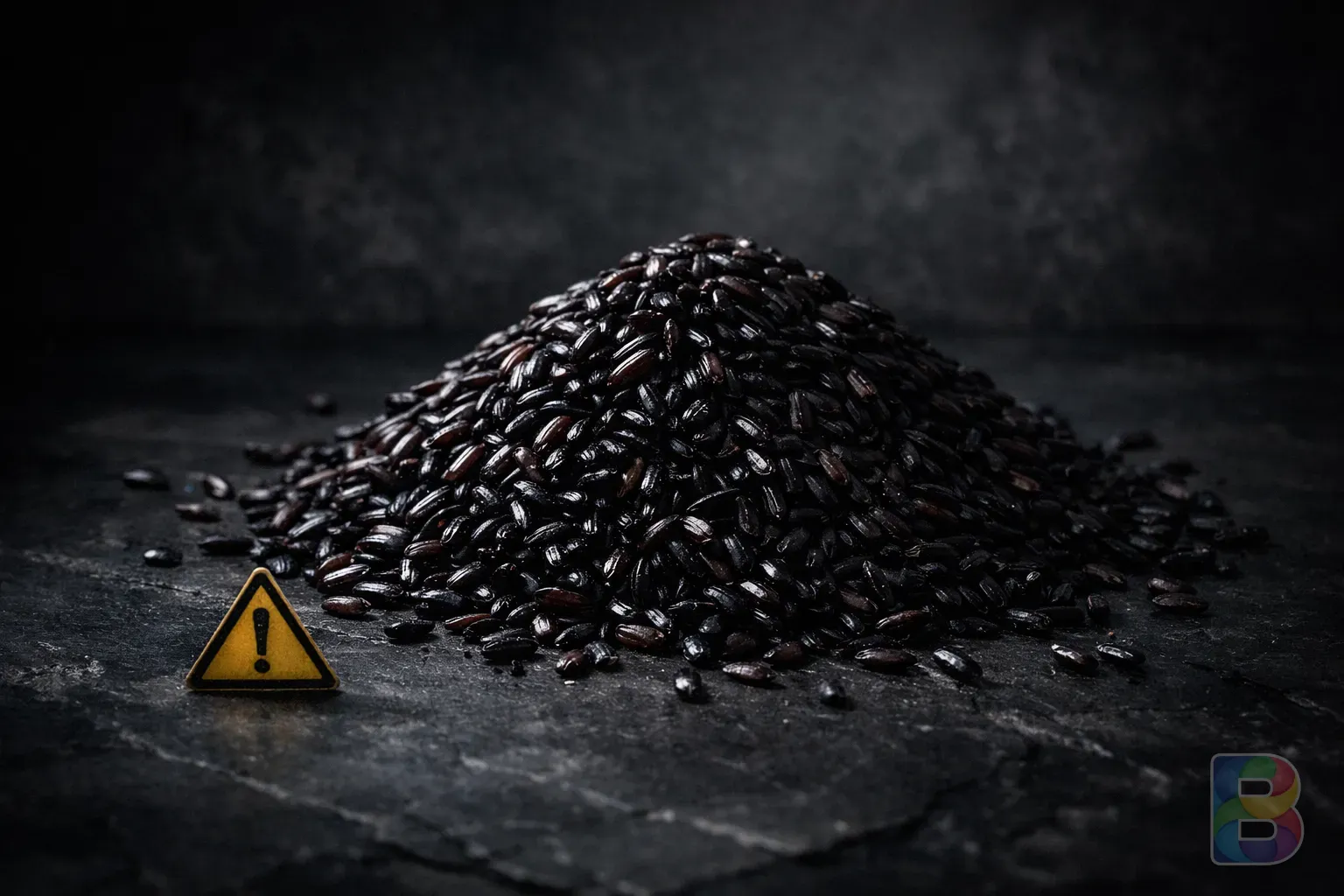 photorealistic, dark slate background with a pile of black rice and a warning icon subtly placed, clinical and serious mood, cinematic lighting