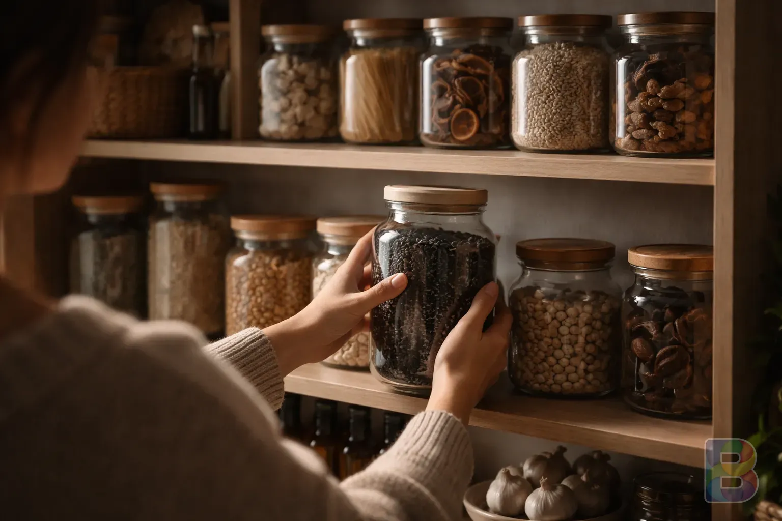 photorealistic, a person organizing their pantry, placing a jar of black rice on a shelf, clean organized aesthetic, soft warm light