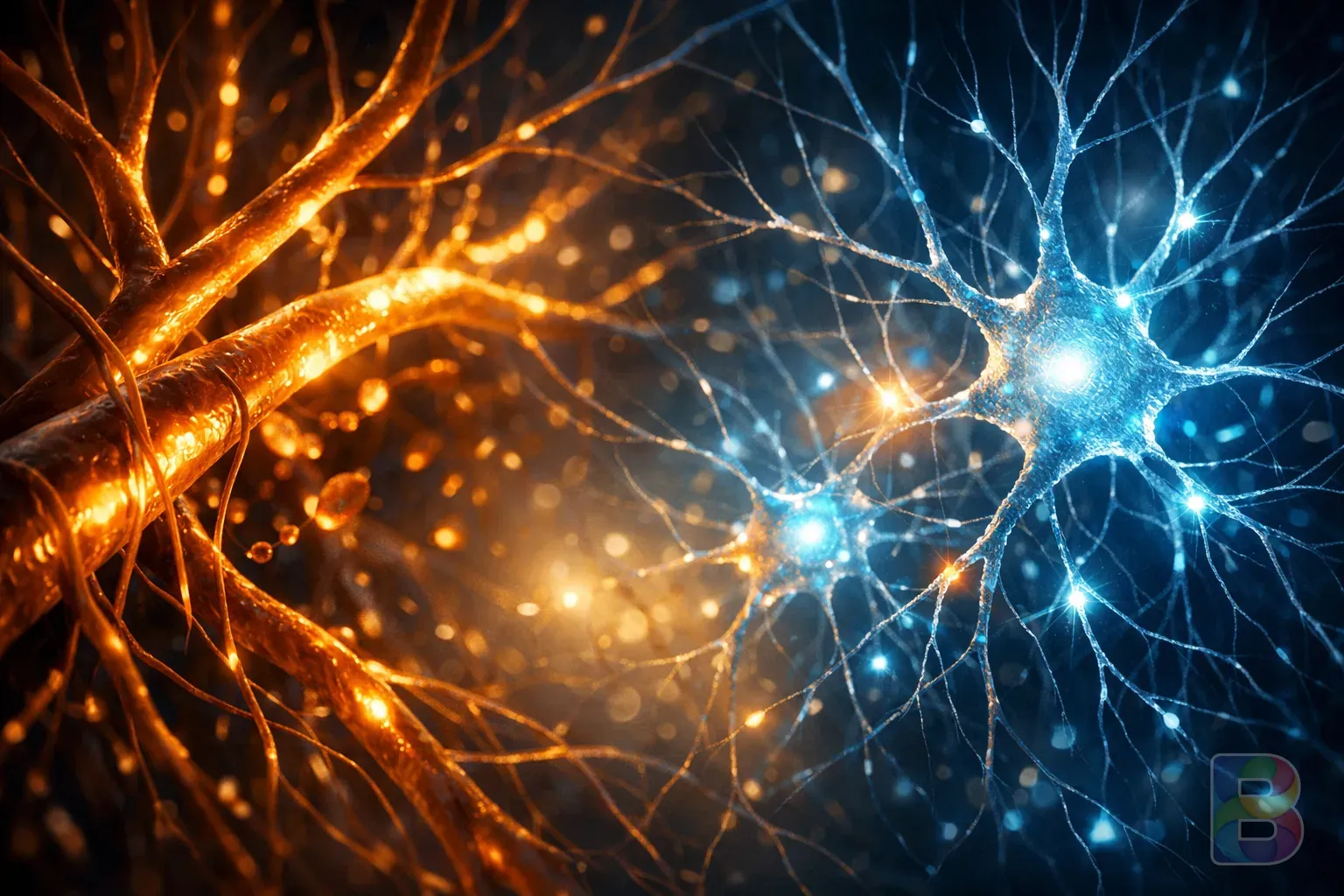 photorealistic, abstract representation of healthy blood vessels and brain cells glowing with energy, blue and golden tones, cinematic scientific visualization