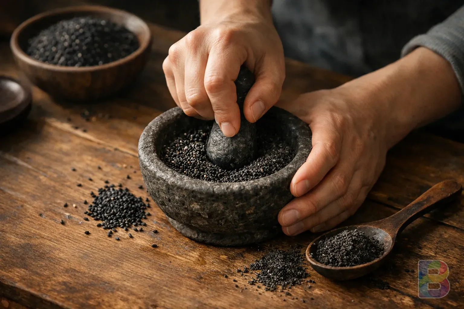 photorealistic, a person grinding black sesame seeds in a small stone mortar, hands visible, textured seeds and powder, natural light, warm wooden table