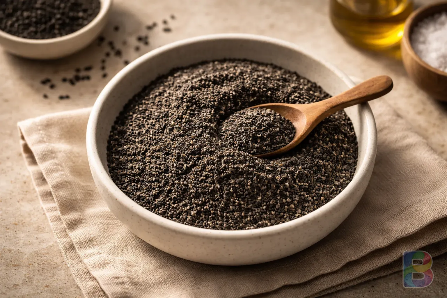 photorealistic, top down view of black sesame powder in a minimalist ceramic bowl, fine texture, soft natural morning light, clean aesthetic