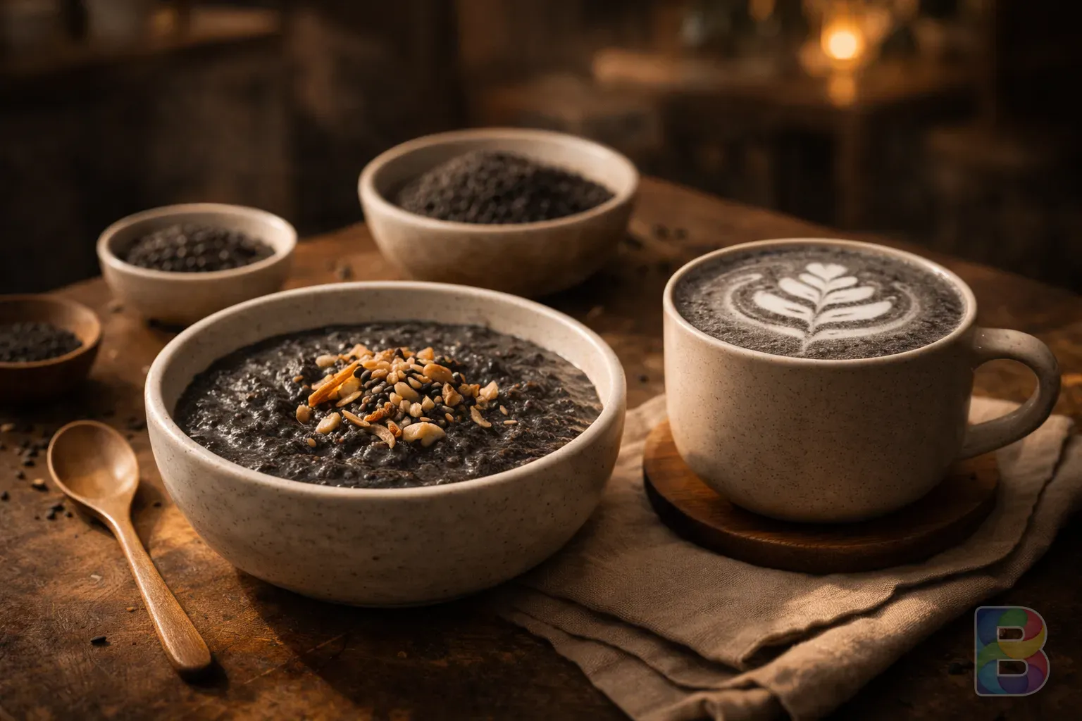 photorealistic, cinematic shot of various black sesame dishes like porridge and latte, warm cozy cafe atmosphere, soft glowing light