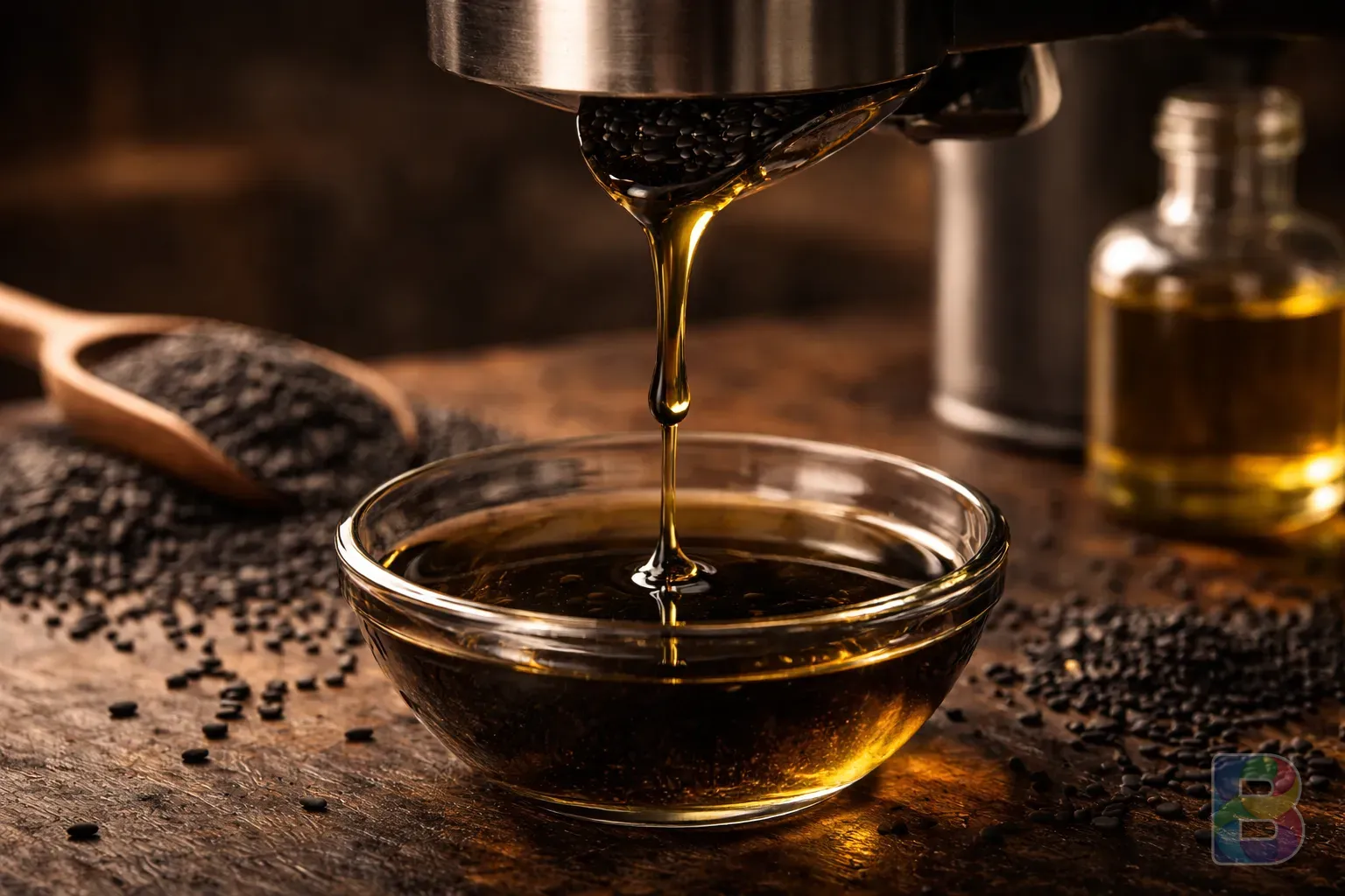 photorealistic, close-up of black sesame oil dripping from a press, golden black hue, high viscosity, warm studio lighting