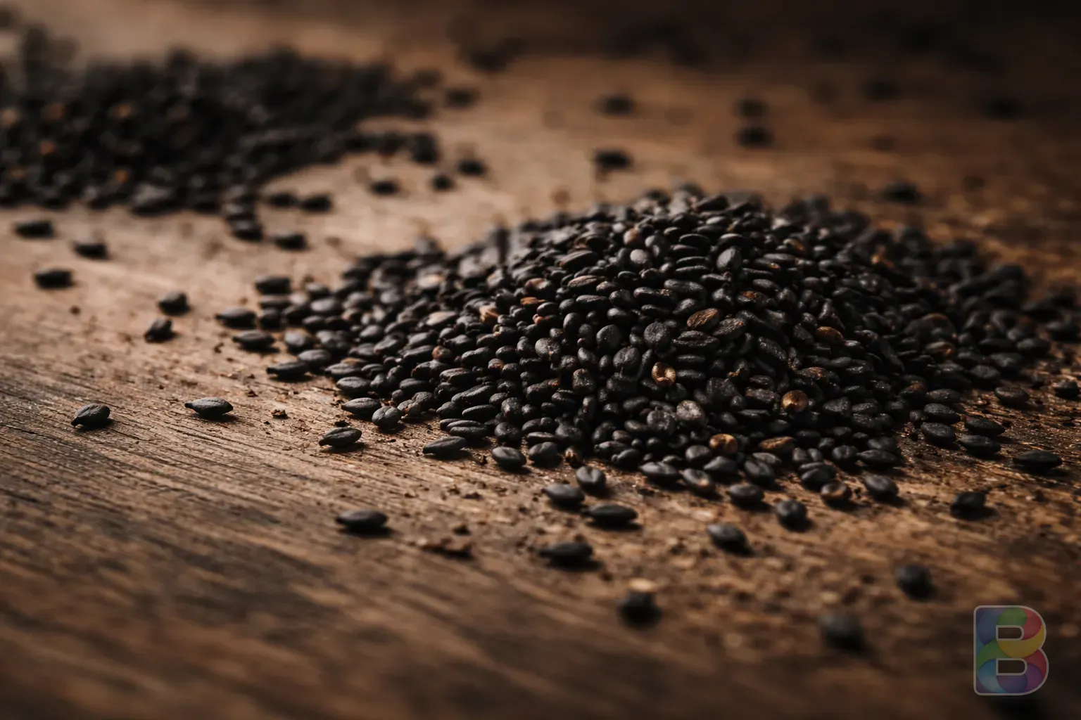 photorealistic, close-up of high quality black sesame seeds scattered on a wooden table, soft natural light, minimalist aesthetic, earthy tones