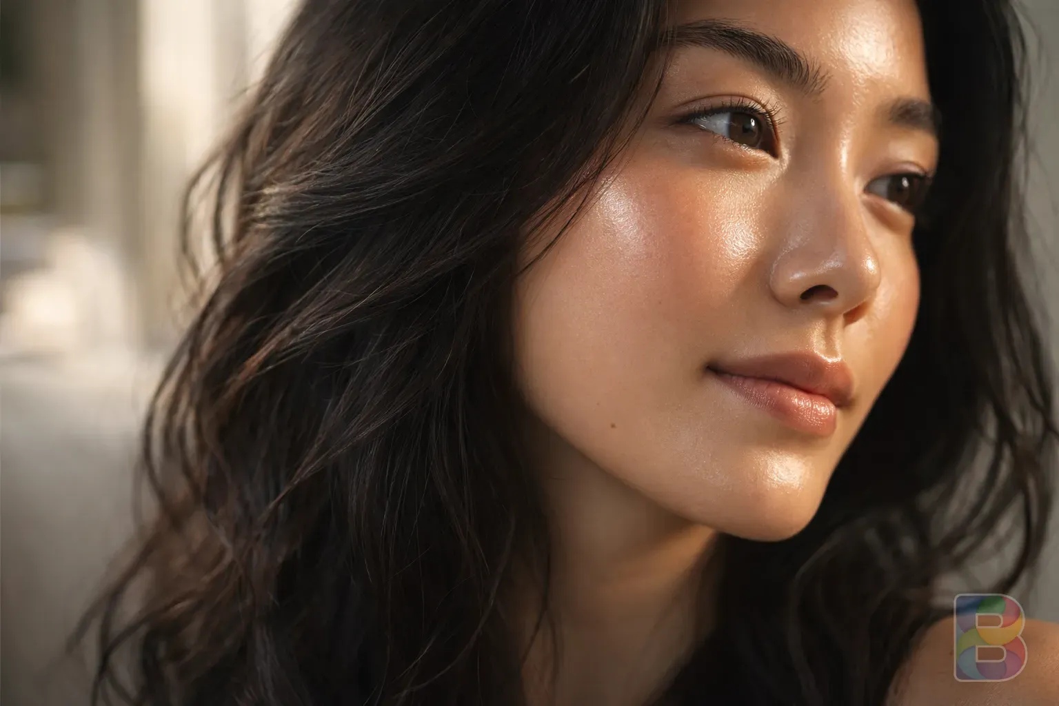 photorealistic, detailed shot of healthy glowing skin and thick dark hair of a person, soft morning light, clean and organic atmosphere