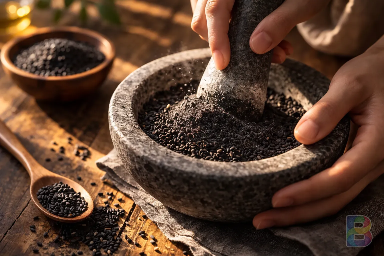 photorealistic, a person grinding black sesame seeds in a small stone mortar, close-up of the fine powder, soft lighting, warm wooden background