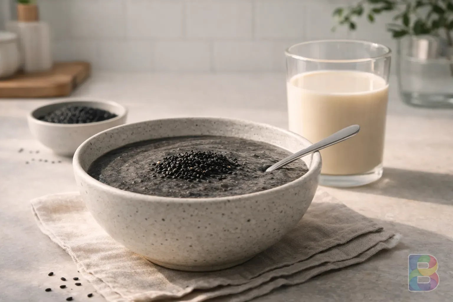 photorealistic, a bowl of black sesame porridge next to a glass of soy milk, clean modern kitchen setting, bright and healthy vibe