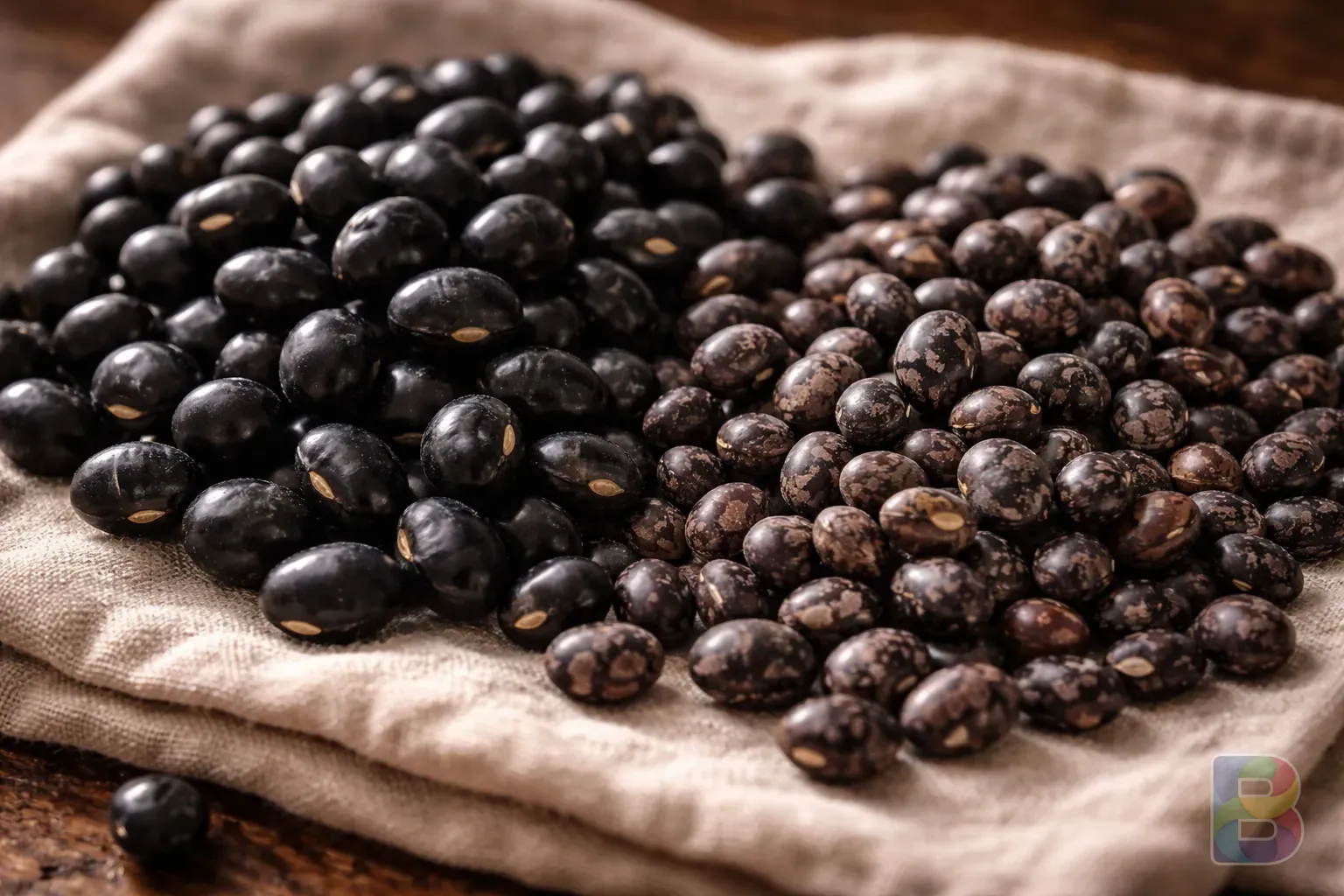 photorealistic, macro shot of dry black soybeans and small yak-kong beans side by side on a linen cloth, textures of the bean skins, soft natural window light, cinematic lighting