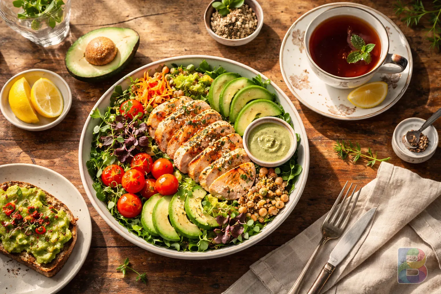 photorealistic, overhead shot of a healthy meal with a cup of black tea, vibrant colors, clean wooden table, natural lighting, fresh atmosphere