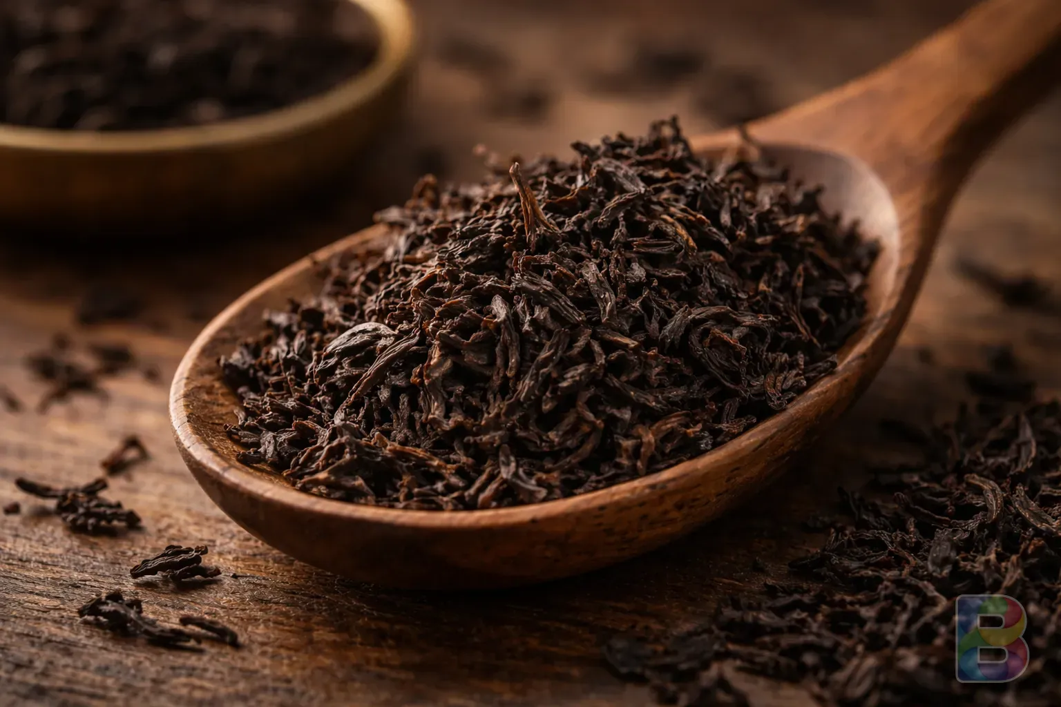 photorealistic, detail shot of dried black tea leaves on a wooden spoon, texture of fermented leaves, warm earthy tones, cinematic lighting, high detail