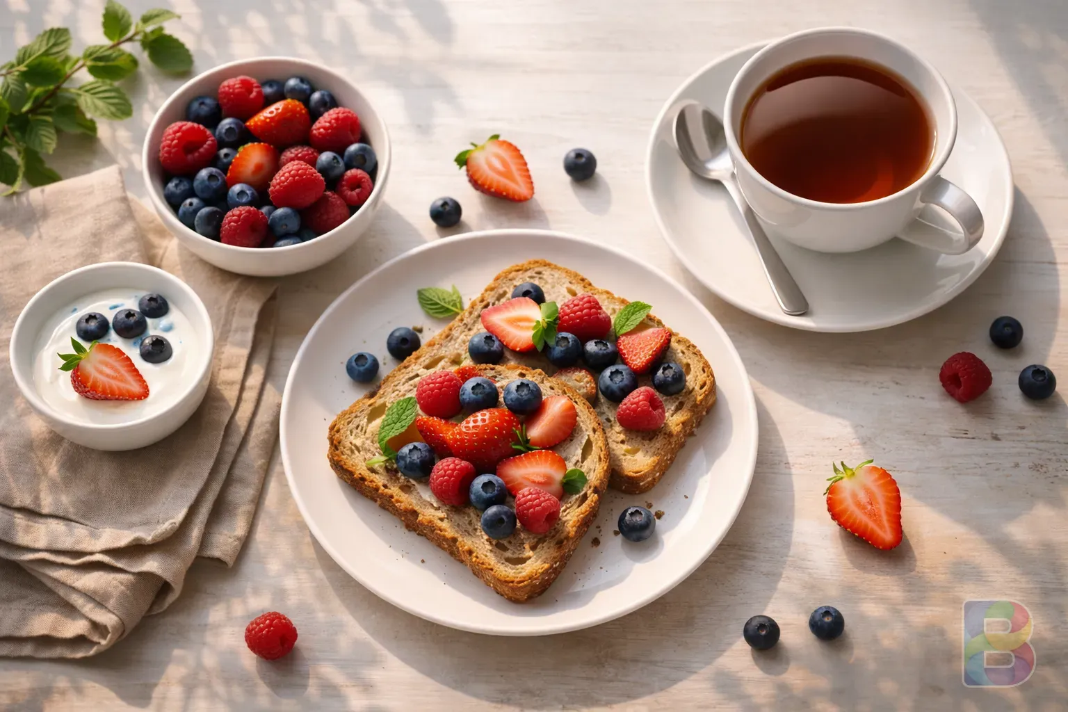photorealistic, overhead view of a healthy breakfast with a cup of black tea, fresh berries, and whole grain toast, bright and airy kitchen setting, cinematic lighting