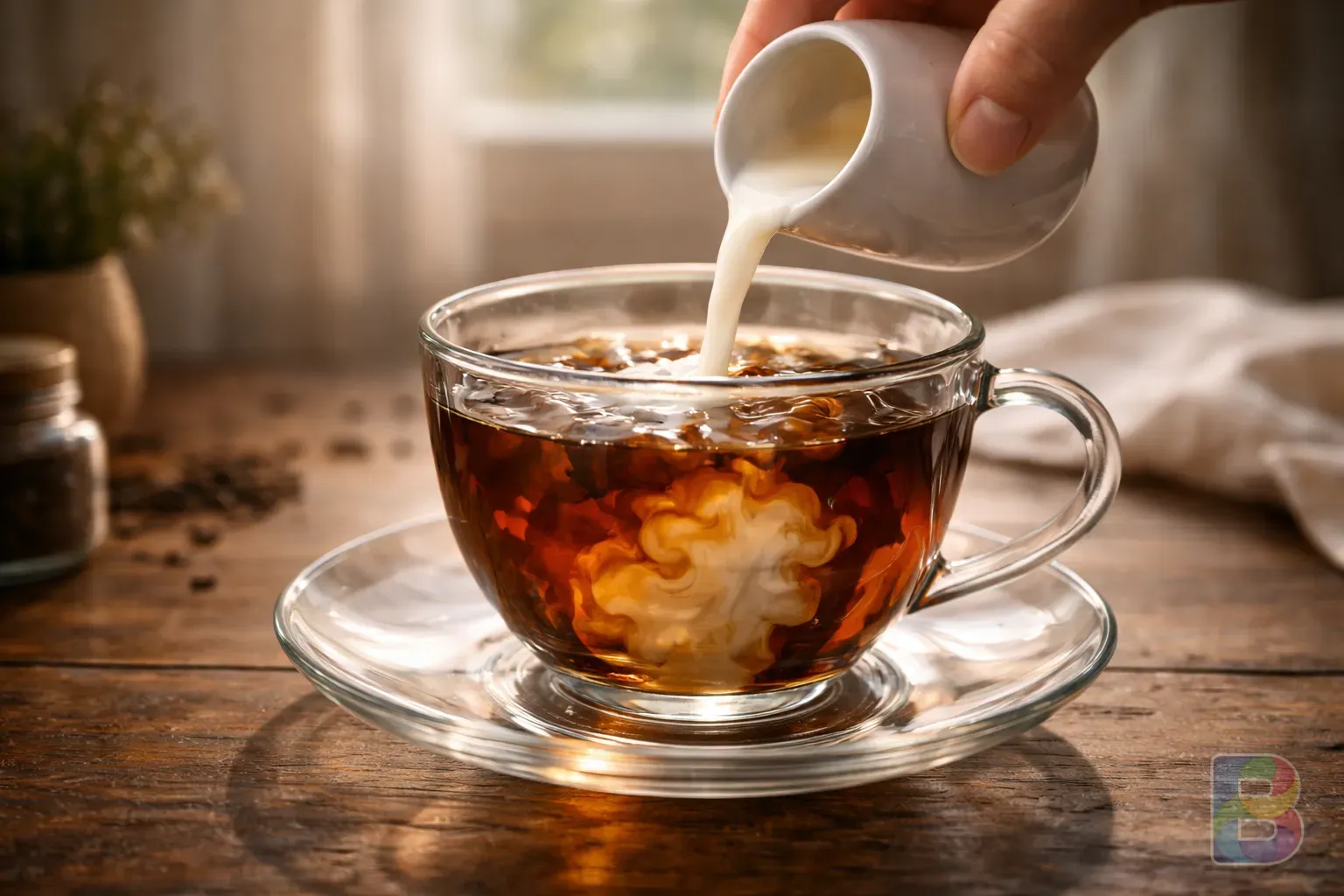 photorealistic, a person pouring milk into a dark black tea, beautiful swirls of white and brown, soft natural light, cozy aesthetic, high detail