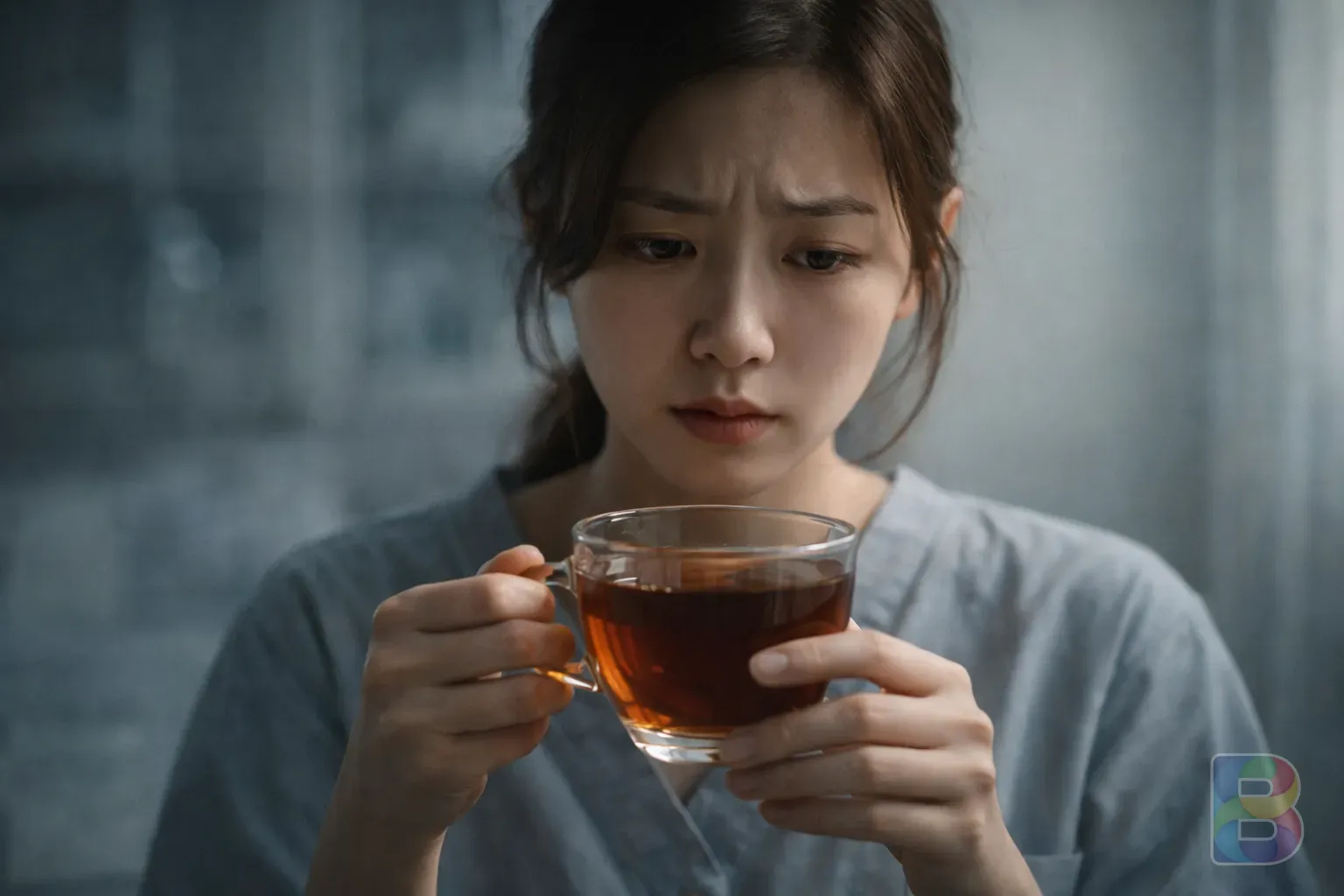 photorealistic, close-up of a person looking concerned while holding a tea cup, soft focus background, cinematic lighting, moody clinical atmosphere