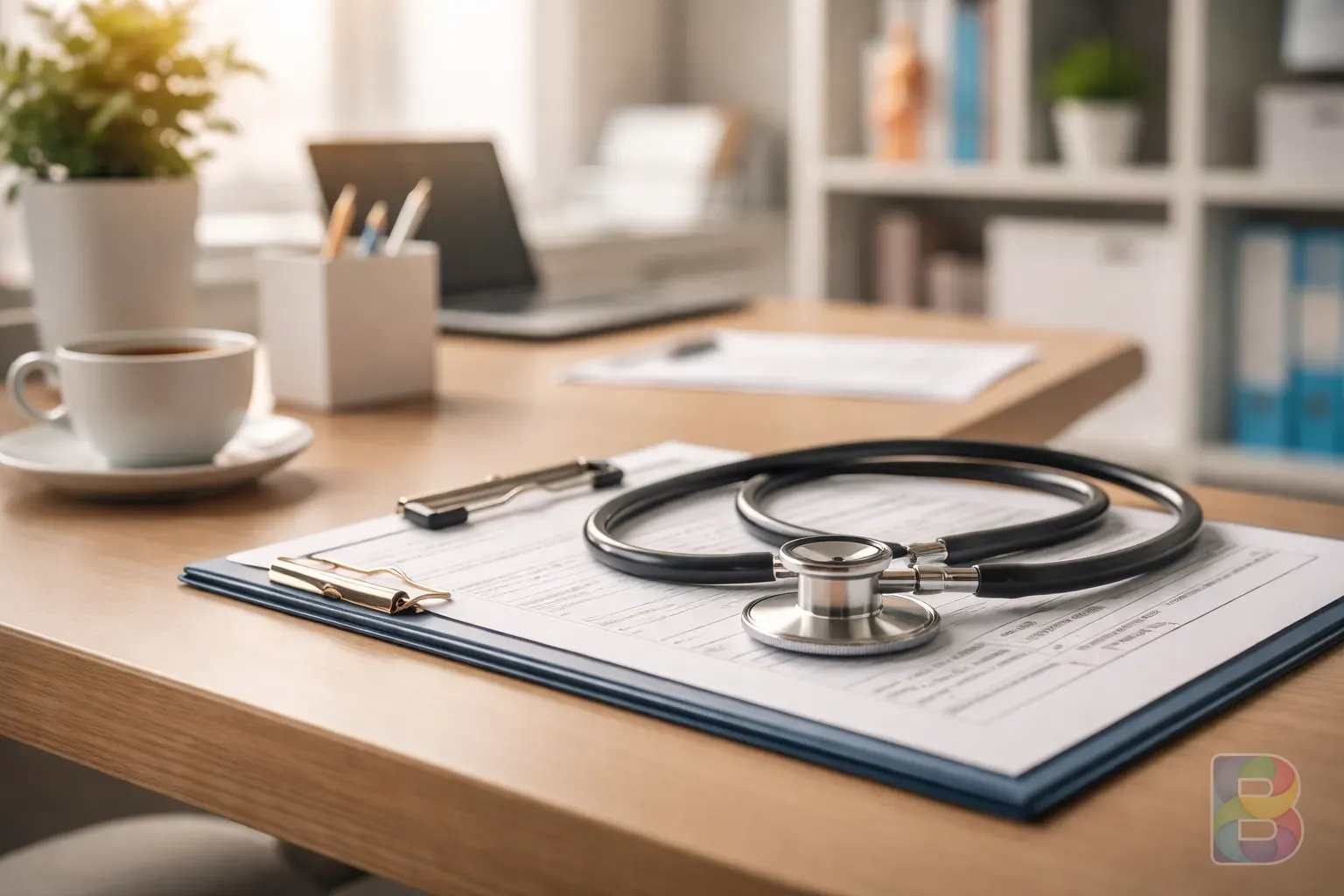 photorealistic, a modern doctor's office with a clean stethoscope on a desk and a medical chart visible, professional and reassuring atmosphere, soft lighting