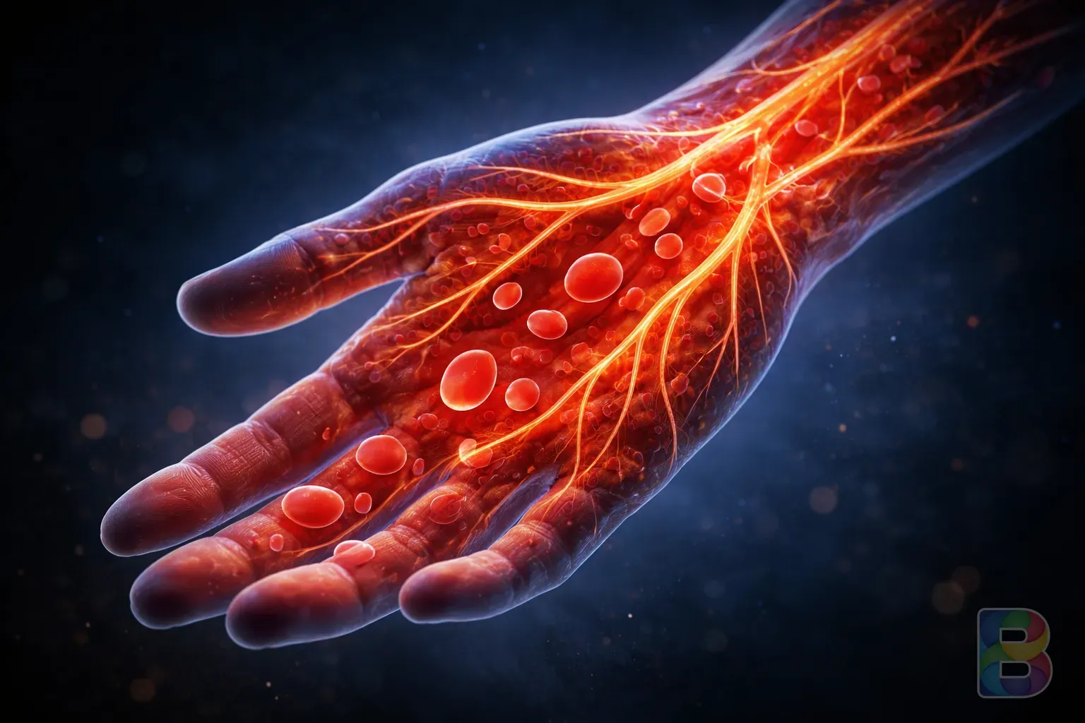 photorealistic, medical illustration of blood vessels flowing through a human hand, glowing red cells, dark blue background, cinematic lighting, high tech visualization