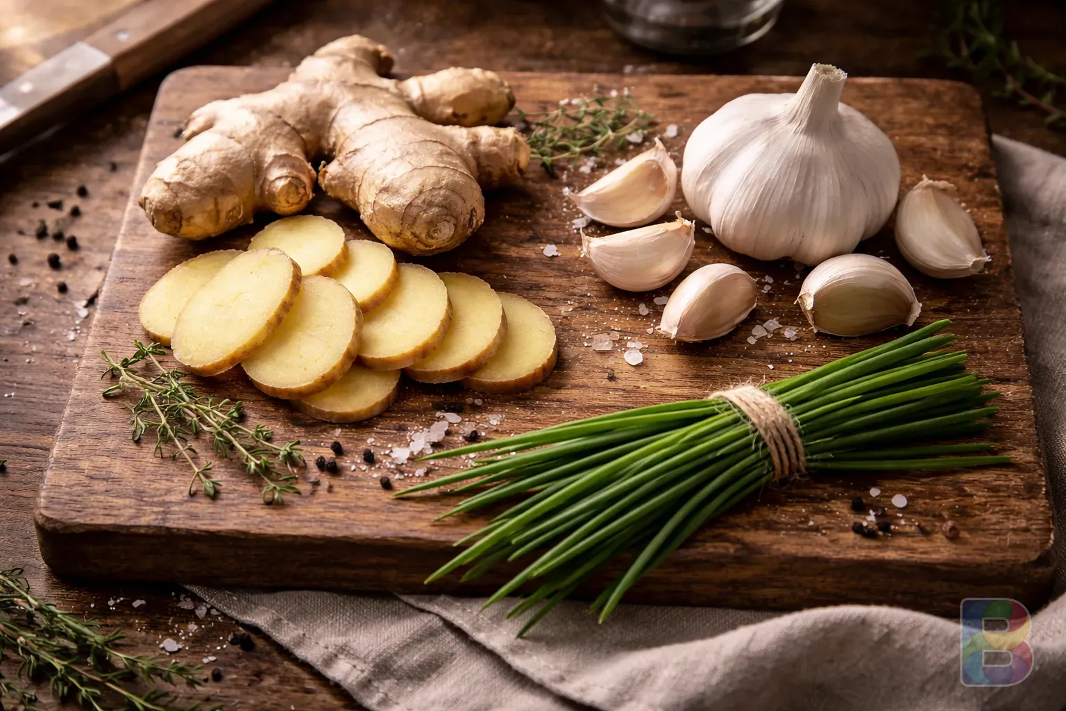 photorealistic, top down view of fresh ginger slices, garlic cloves, and a bunch of chives on a rustic wooden cutting board, natural soft window light, high detail