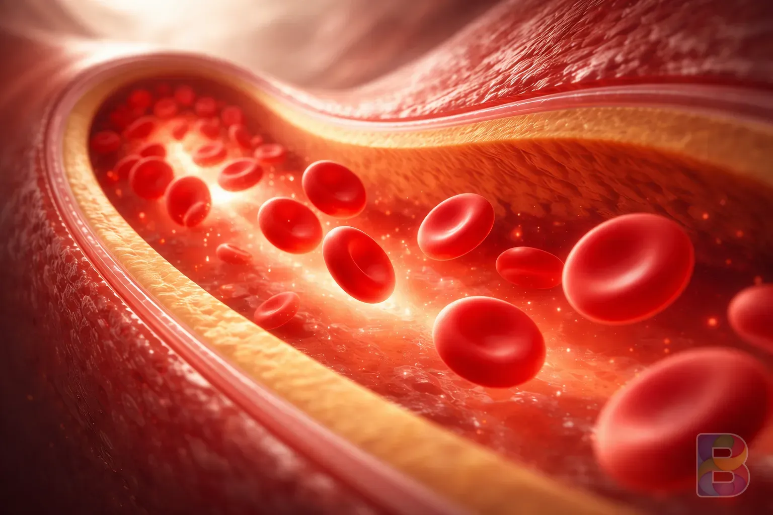 photorealistic, conceptual 3D render of a clean human artery with smooth blood flow, glowing red blood cells, professional medical visualization, soft lighting