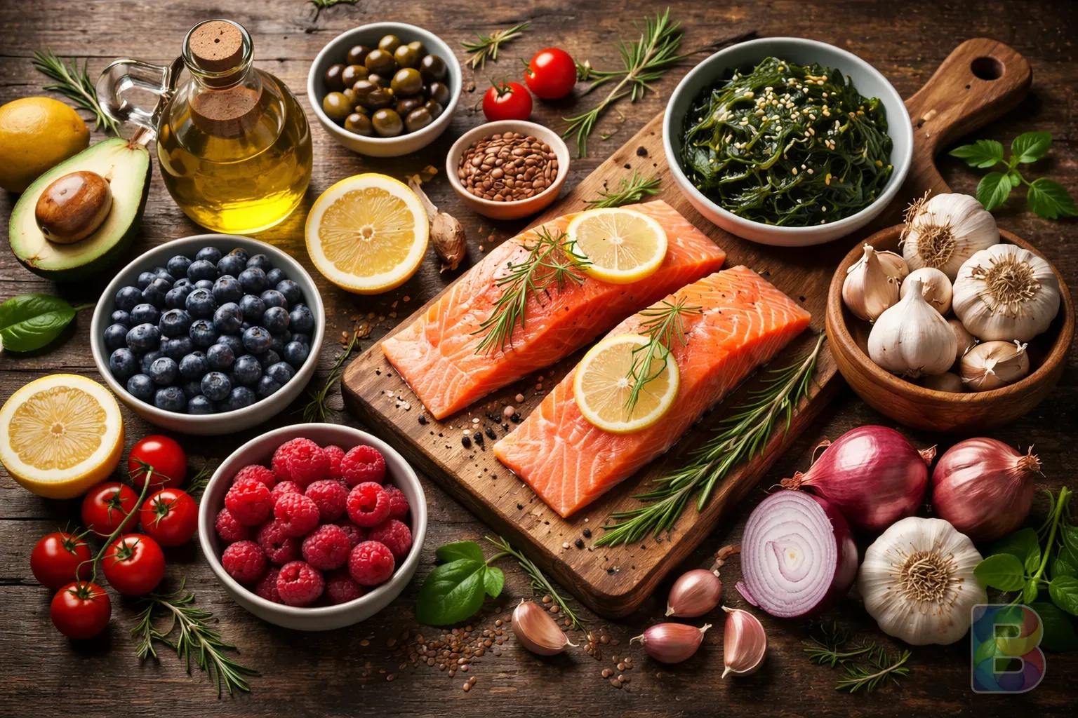 photorealistic, top down view of a Mediterranean diet spread, including garlic, fatty fish, seaweed, onions, and berries, vibrant colors, professional food photography, natural lighting