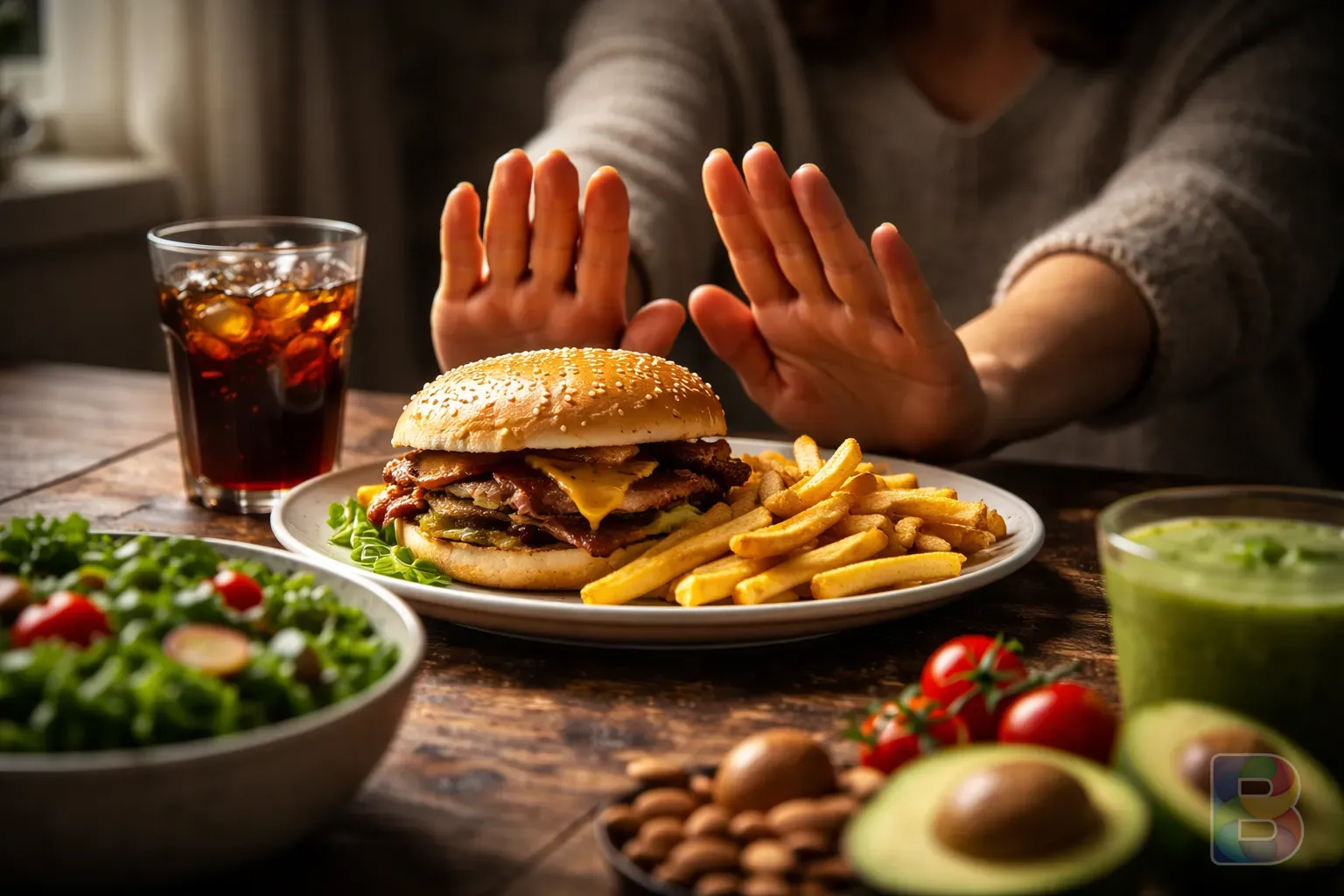photorealistic, close-up of a person pushing away a plate of greasy fast food, moody indoor lighting, focus on the contrast between healthy and unhealthy choices