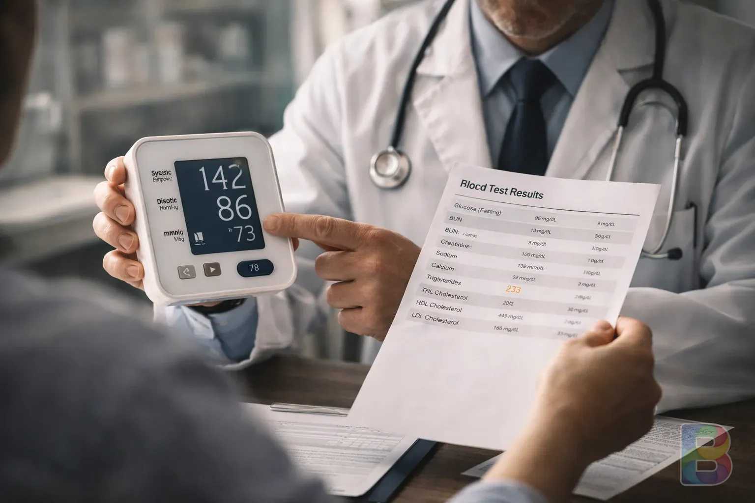 photorealistic, a modern doctor pointing at a blood pressure monitor and a blood test result, professional clinic setting, reassuring and clear communication style