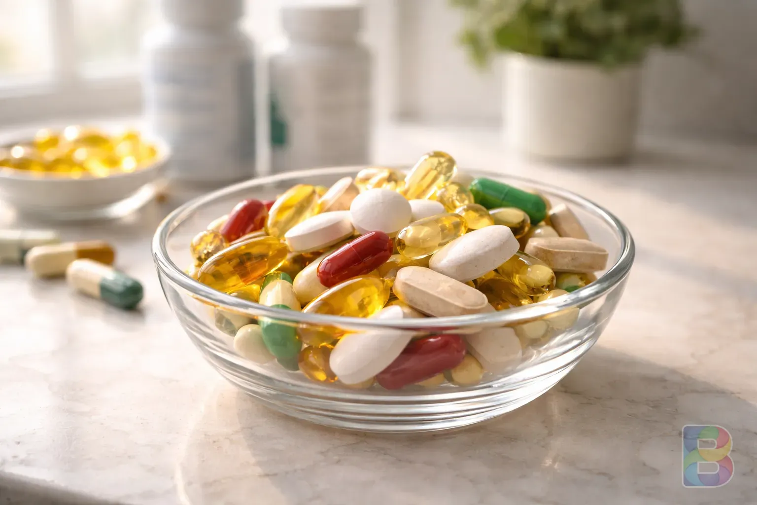 photorealistic, detail shot of various high-quality supplement capsules and tablets in a glass bowl, soft natural light, clean and clinical aesthetic