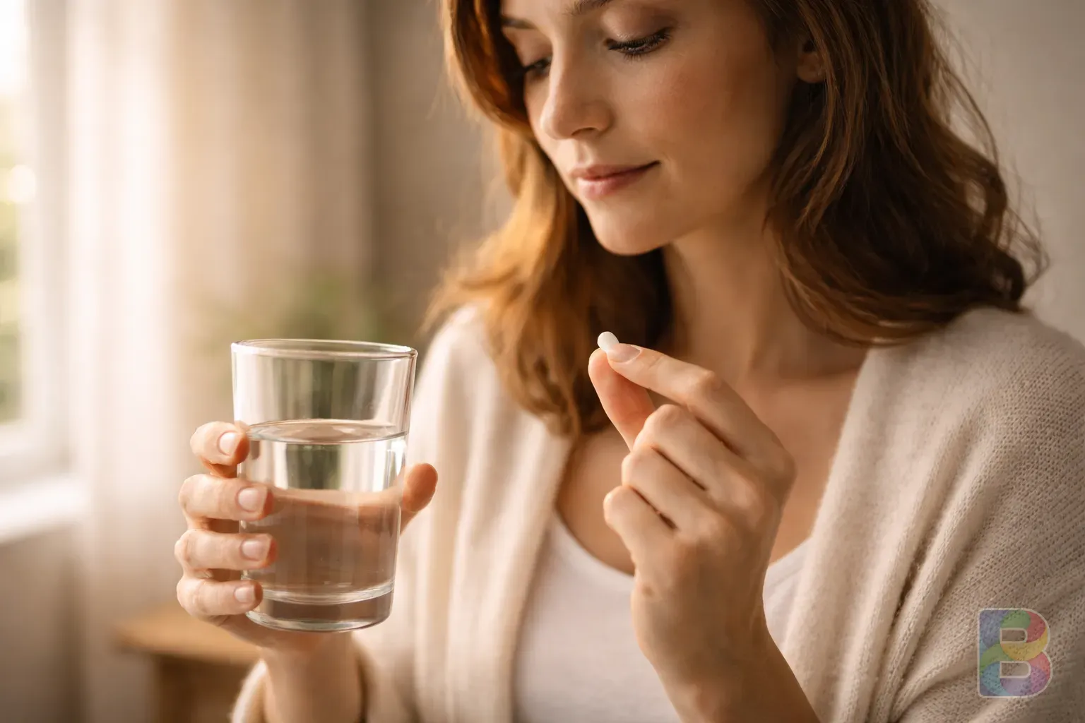 photorealistic, close-up of a person holding a glass of water and a pill, focused and calm expression, soft indoor lighting, high detail