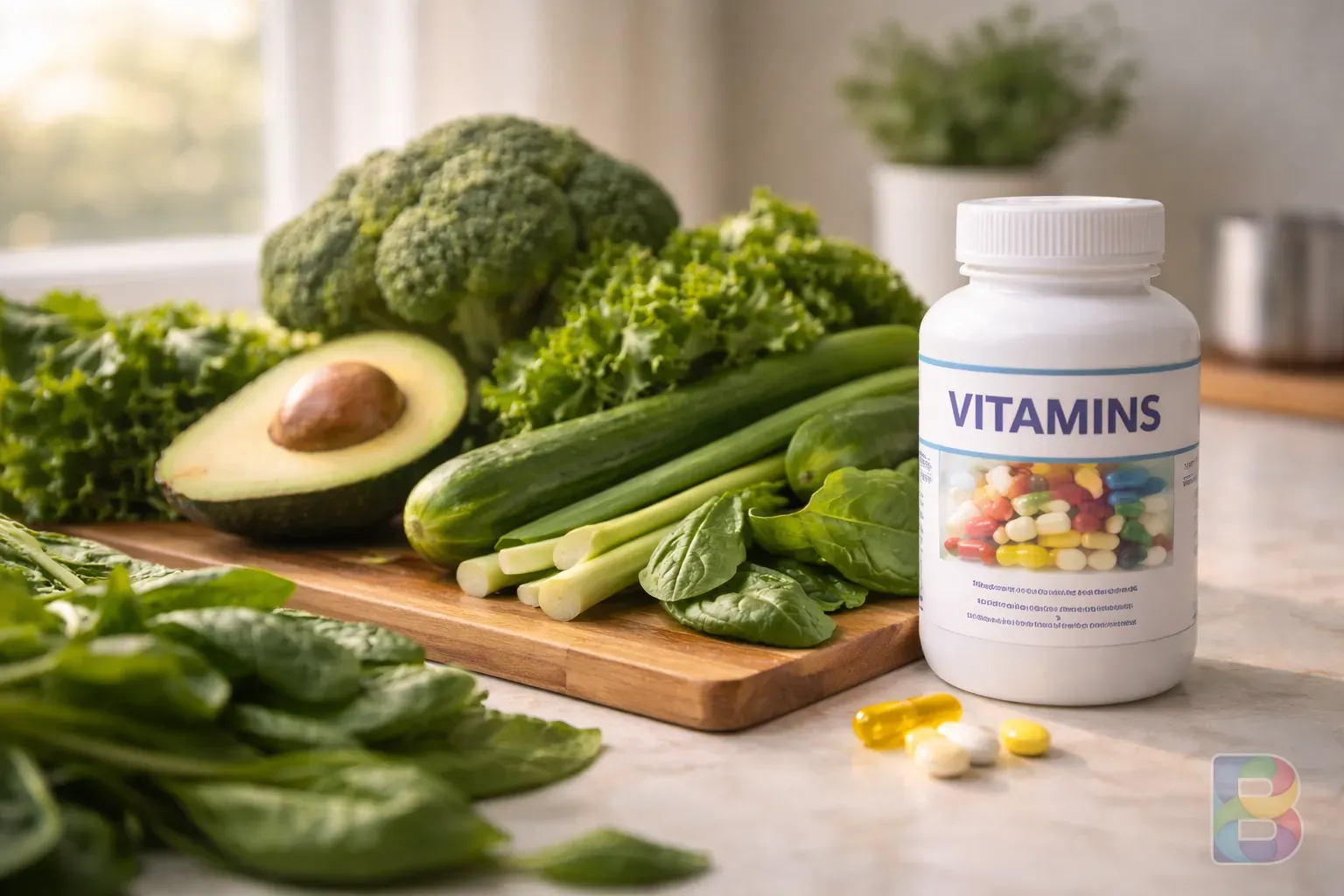 photorealistic, detail shot of fresh green vegetables and a bottle of vitamins on a kitchen counter, bright natural light, fresh and healthy vibe