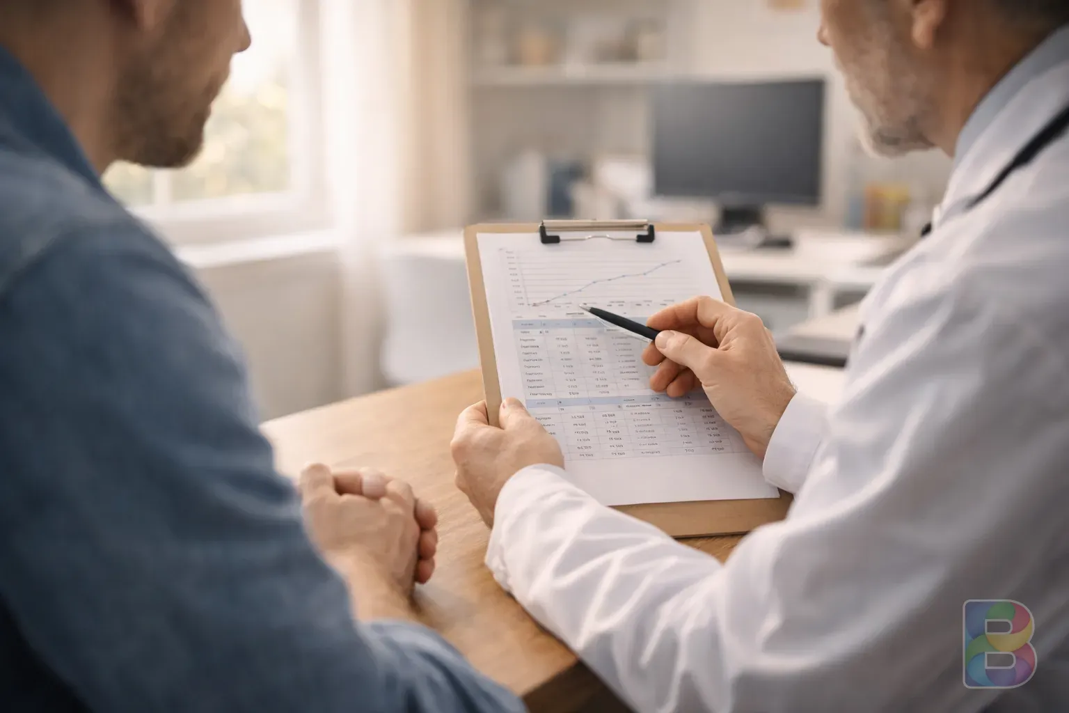 photorealistic, doctor in a white coat consulting with a patient in a bright office, focus on the doctor's hands holding a chart, cinematic lighting, professional and caring mood