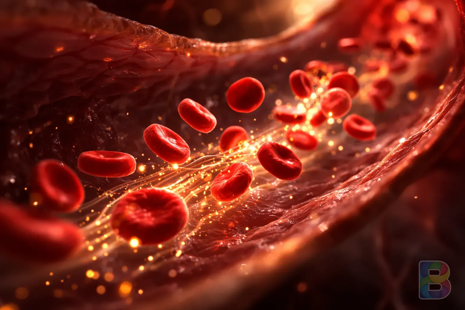 photorealistic, conceptual illustration of blood flow through a healthy artery, glowing particles representing nutrients, microscopic view, cinematic lighting, deep red and gold tones