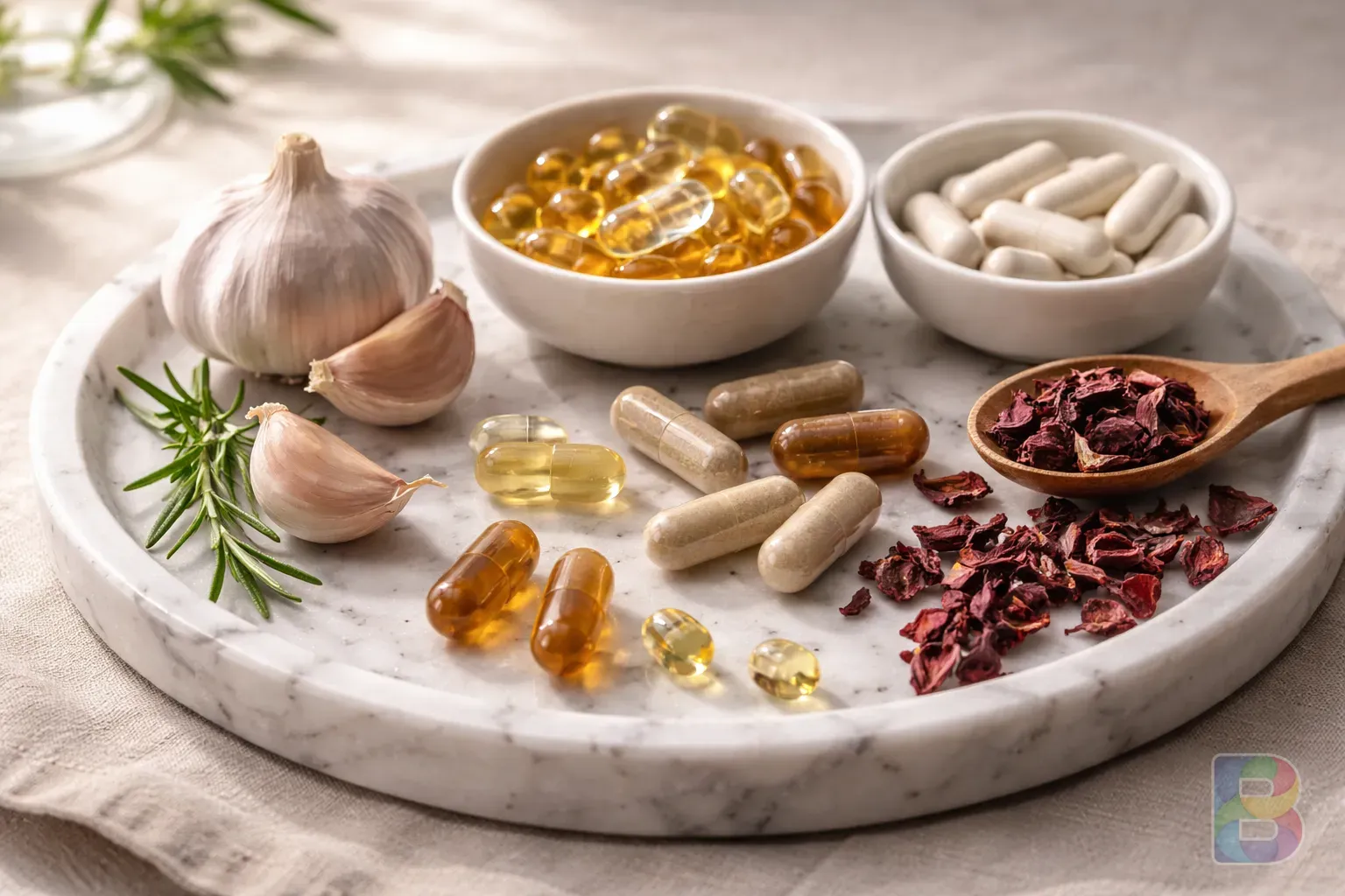 photorealistic, assortment of high-quality supplement capsules and natural ingredients like garlic and hibiscus petals on a marble tray, clean minimalist aesthetic, soft natural light