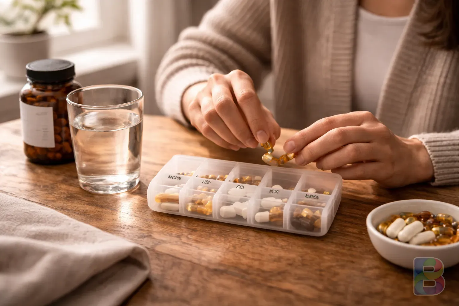 photorealistic, a person organizing their daily supplement pill box next to a glass of water, focused and calm expression, domestic morning setting, cinematic lighting