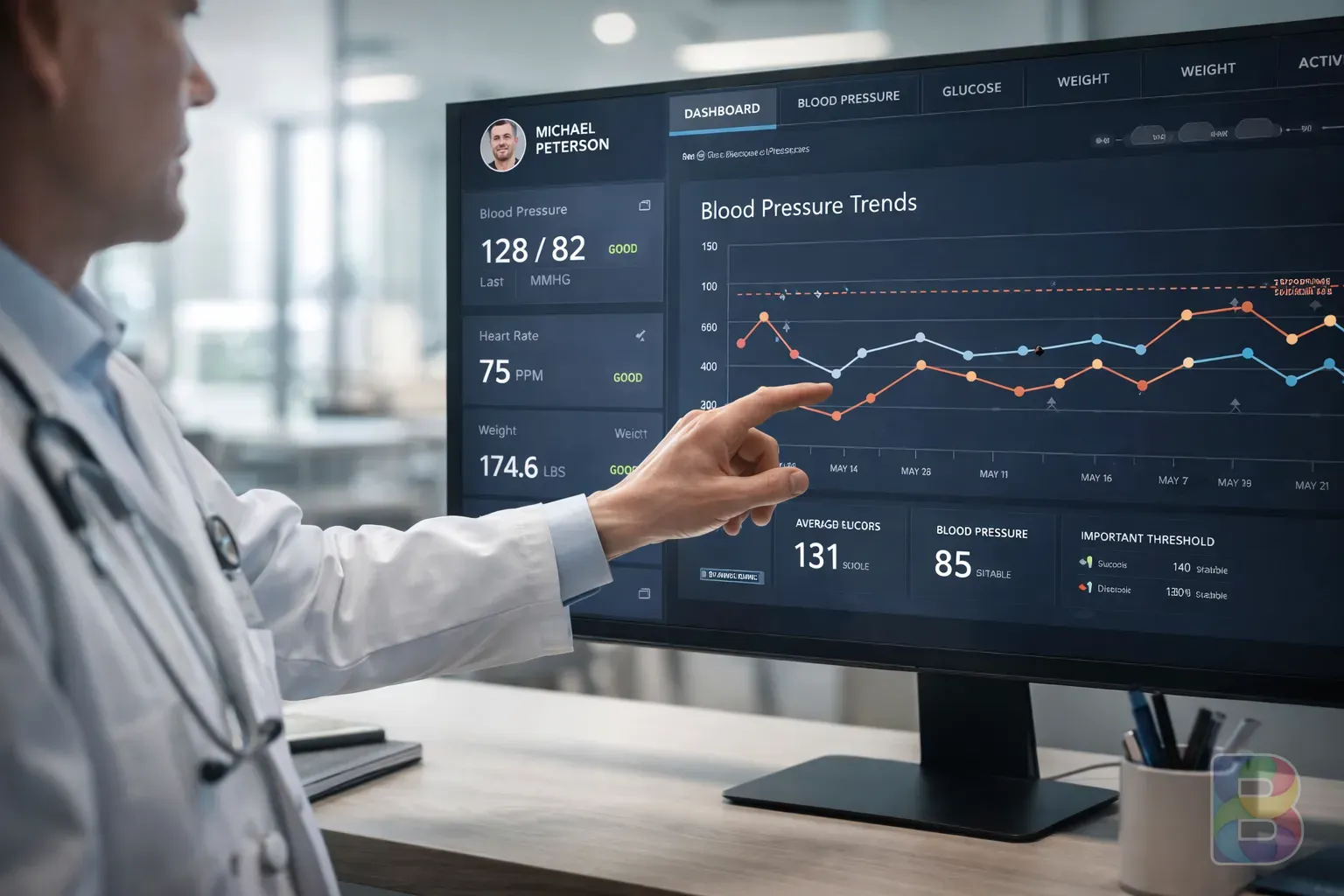 photorealistic, medical professional pointing at a digital health dashboard with blood pressure trends, modern clinic interior, professional and informative atmosphere