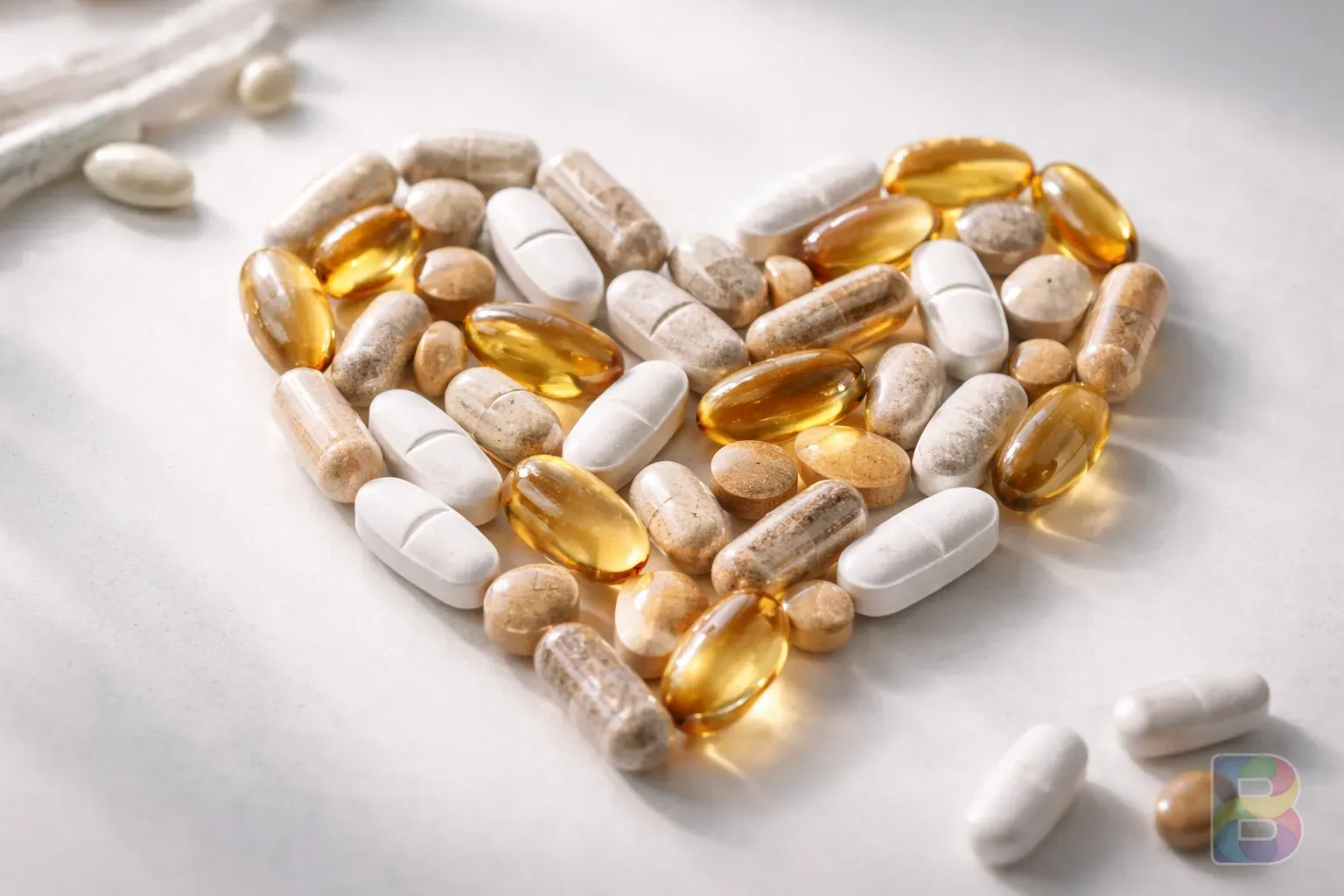 photorealistic, close-up of a heart-shaped arrangement of various supplement capsules and tablets on a clean white surface, soft shadows, clinical but warm lighting